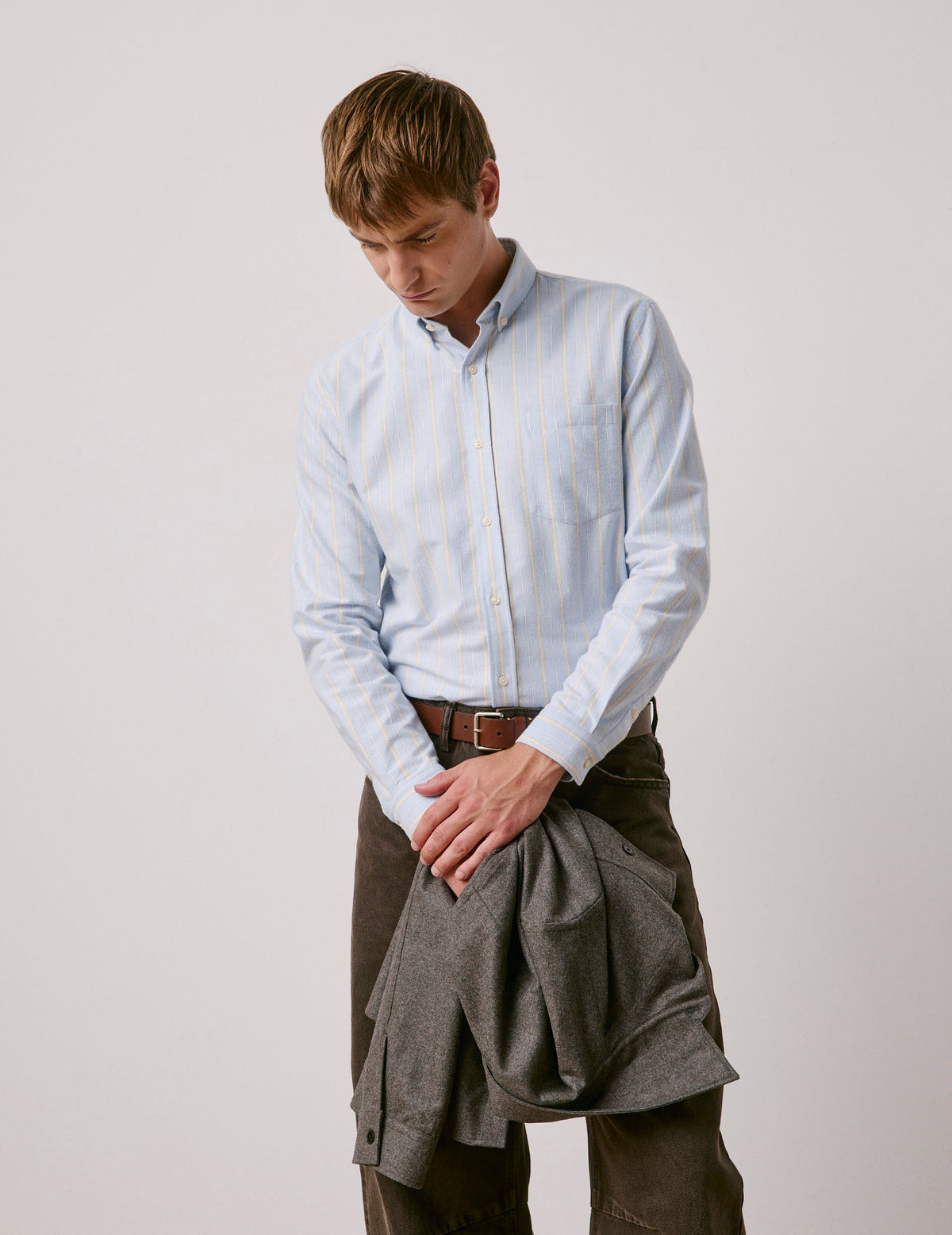 Chemise Gabriel bleue rayée jaune - Oxford gratté - Col Américain