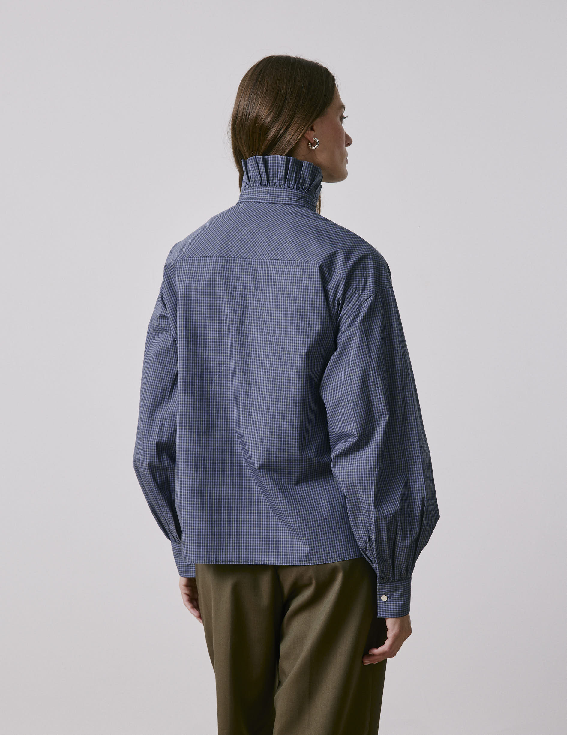 Chemise Greta à carreaux bleus - Popeline - Col Victorien
