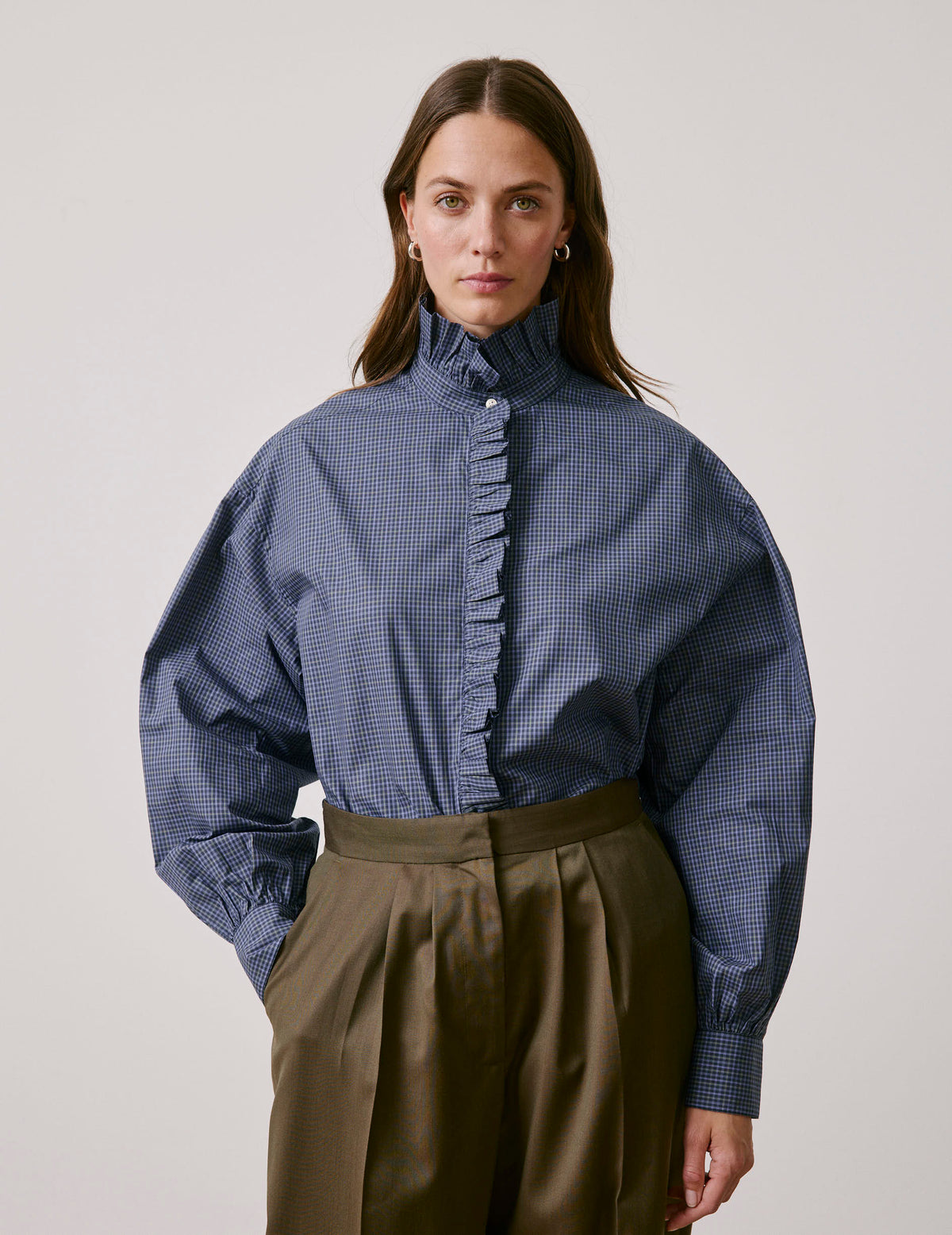 Chemise Greta à carreaux bleus - Popeline - Col Victorien#3