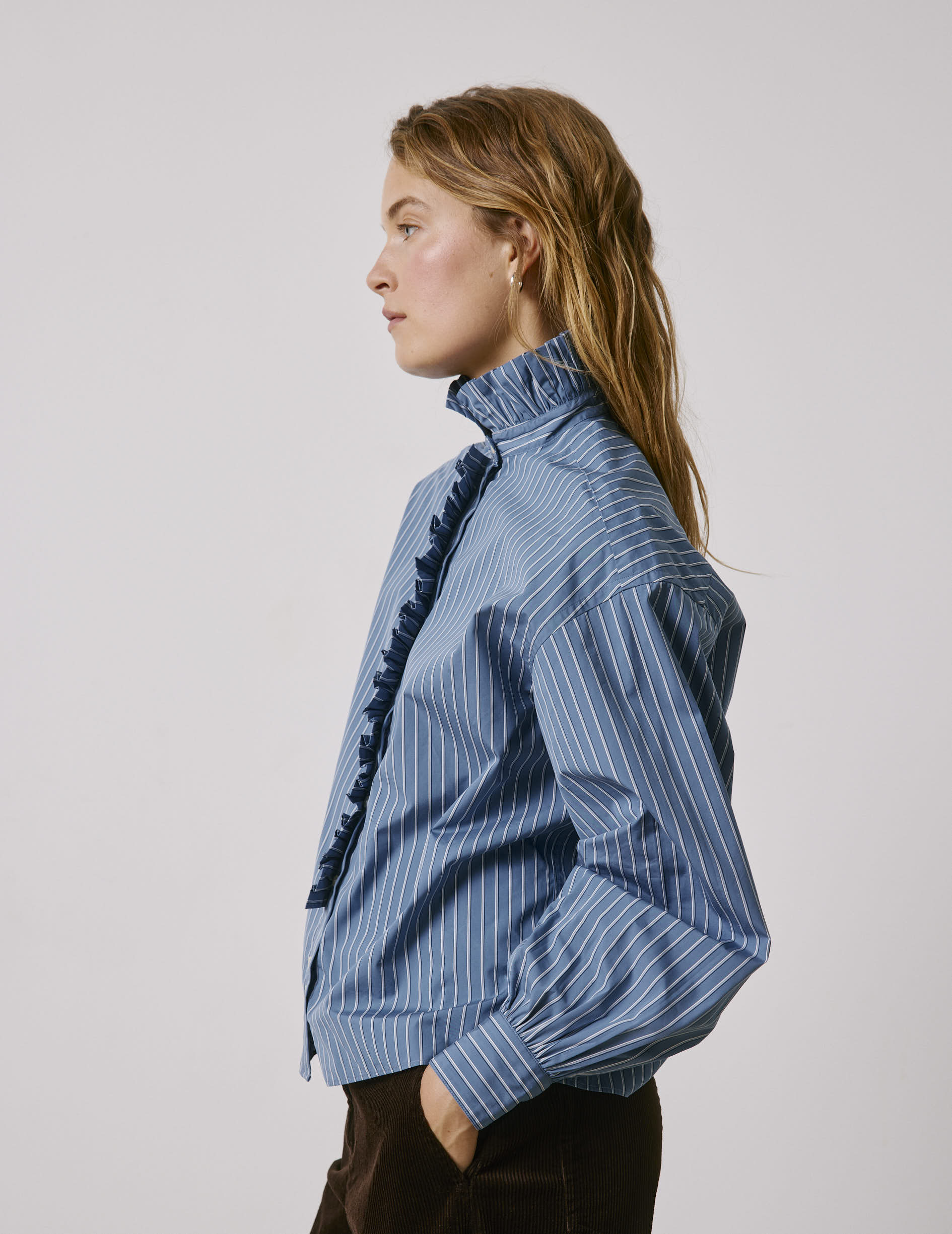 Chemise Greta rayée bleue - Popeline - Col Victorien