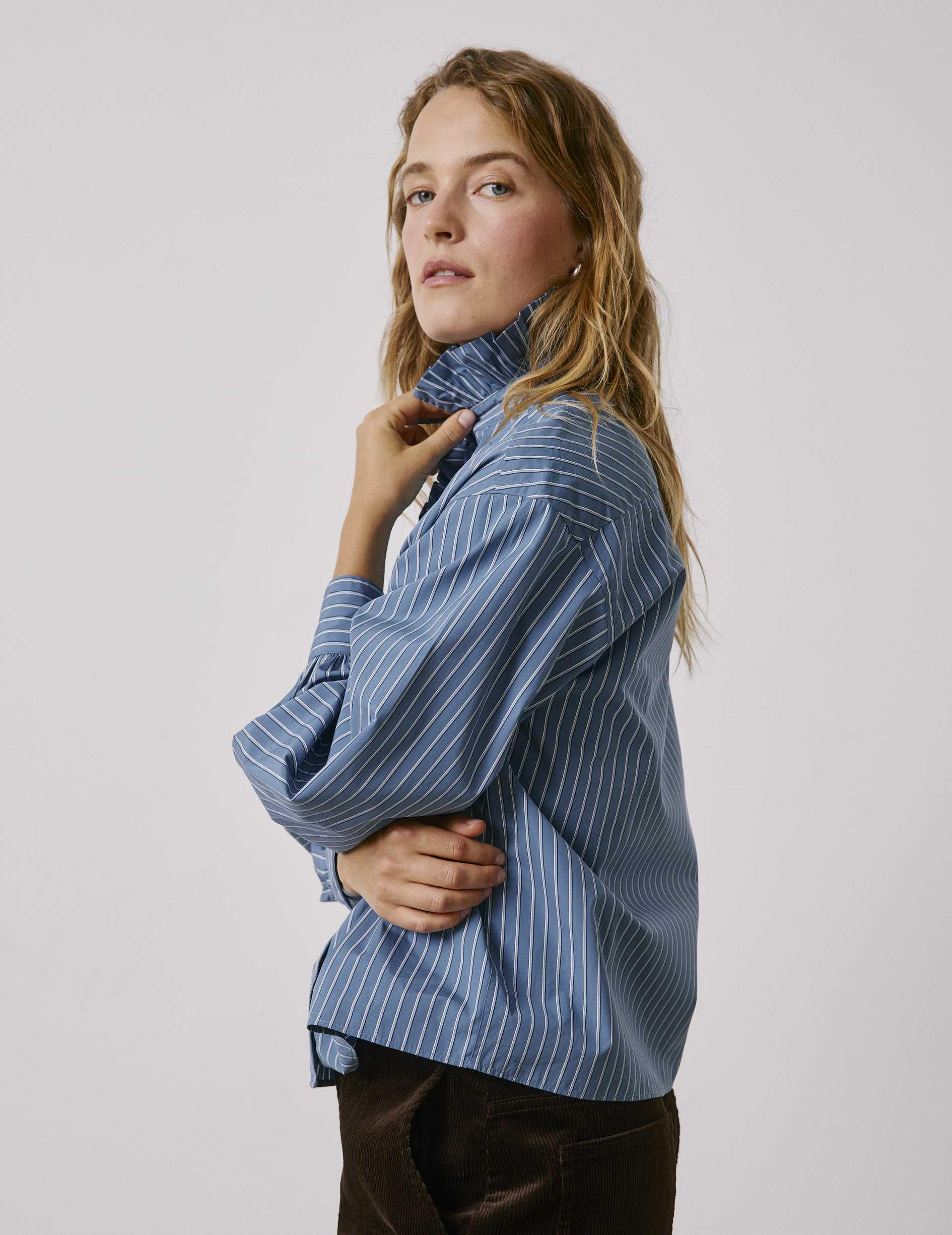 Chemise Greta rayée bleue - Popeline - Col Victorien