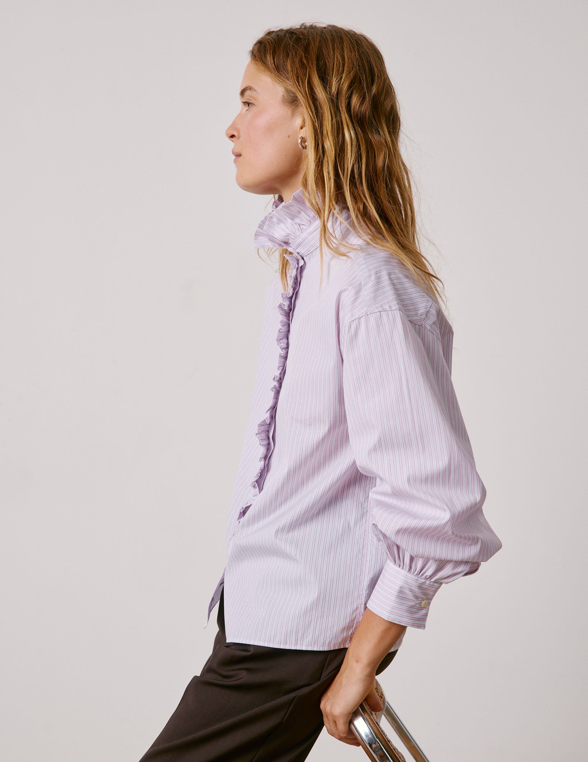 Chemise Greta rayée rose - Popeline - Col Victorien