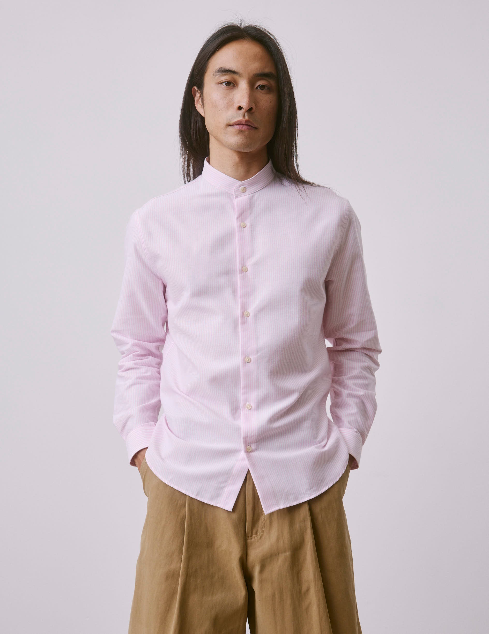 Chemise Herwin rayée rose - Oxford - Col Officier