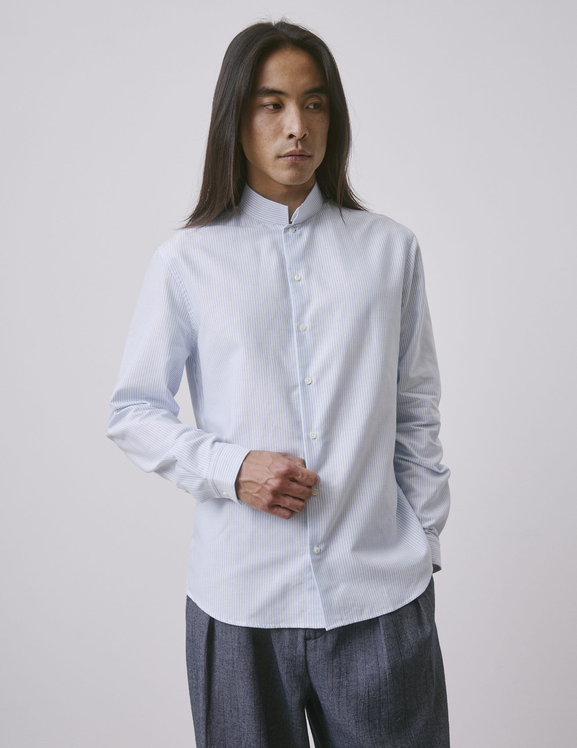 Semi-fitted light blue striped shirt