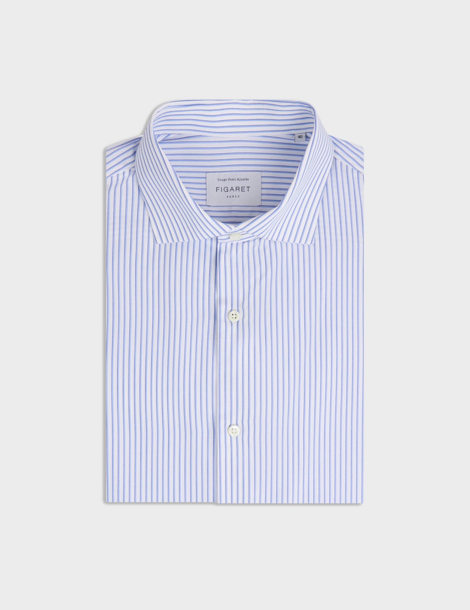 Chemise semi-ajustée rayée bleue - Popeline - Col Italien