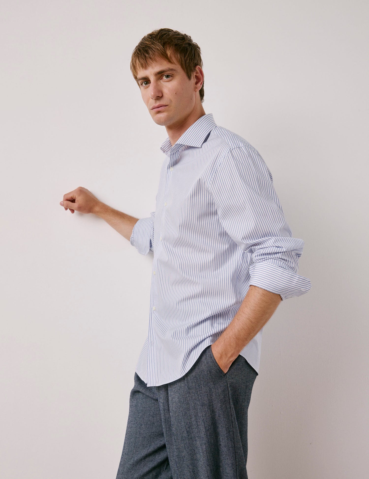 Semi-fitted blue striped shirt - Poplin - Italian Collar
