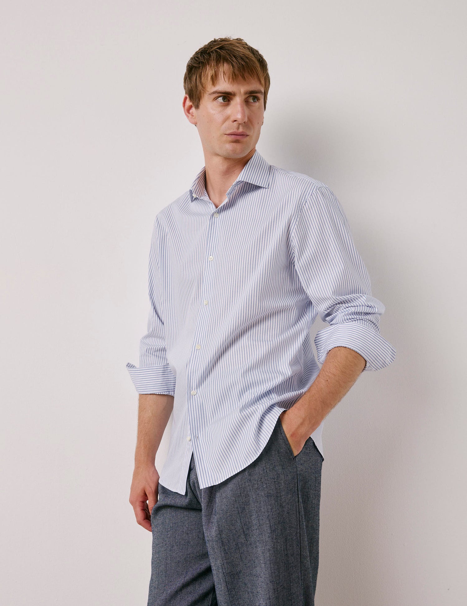 Semi-fitted blue striped shirt - Poplin - Italian Collar#4