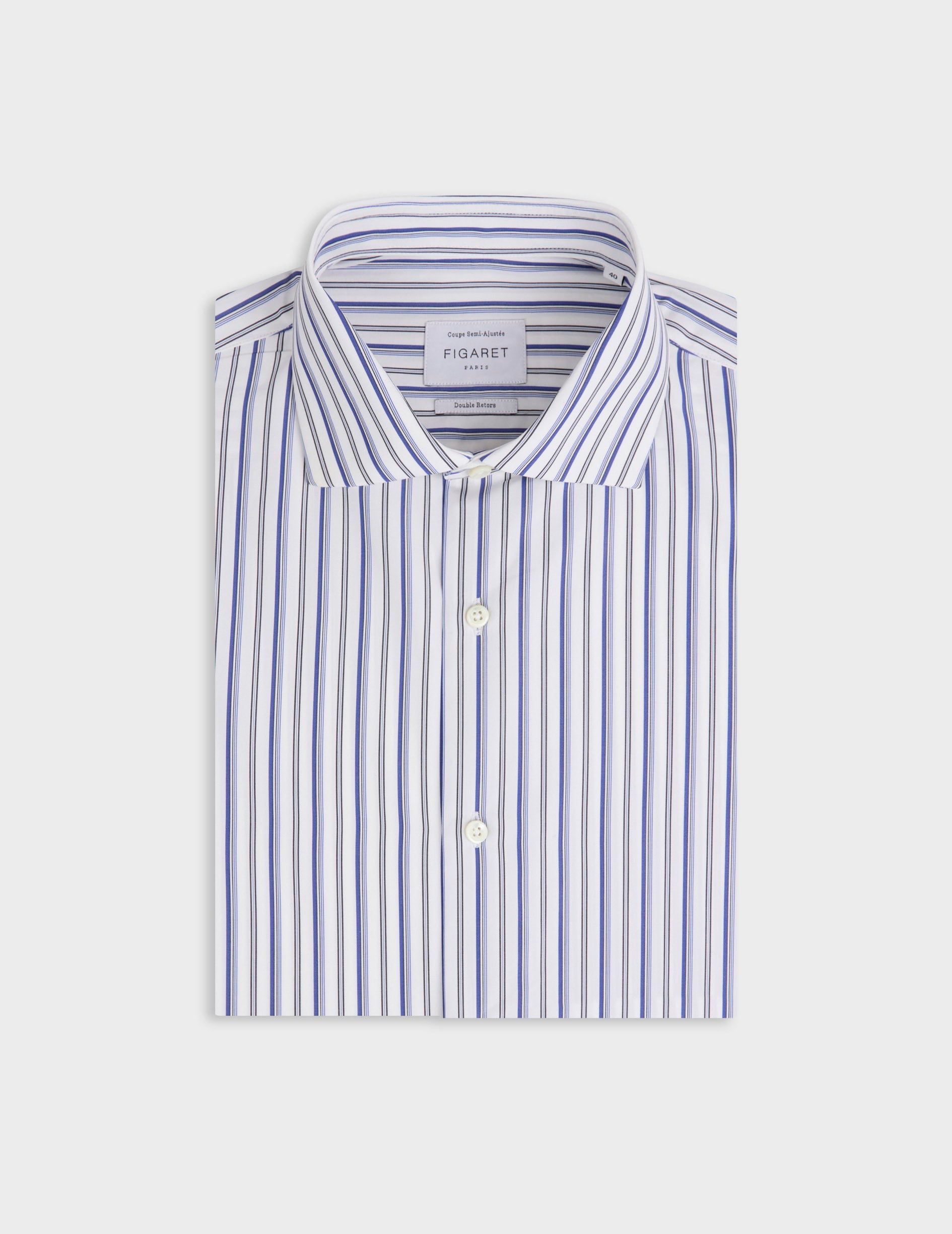 Chemise semi-ajustée rayée bleu marine - Popeline - Col Italien