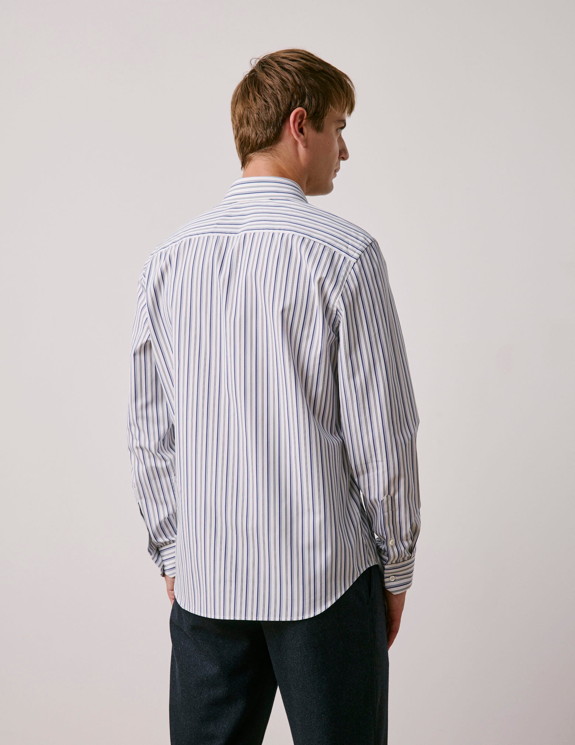 Chemise semi-ajustée rayée bleu marine - Popeline - Col Italien
