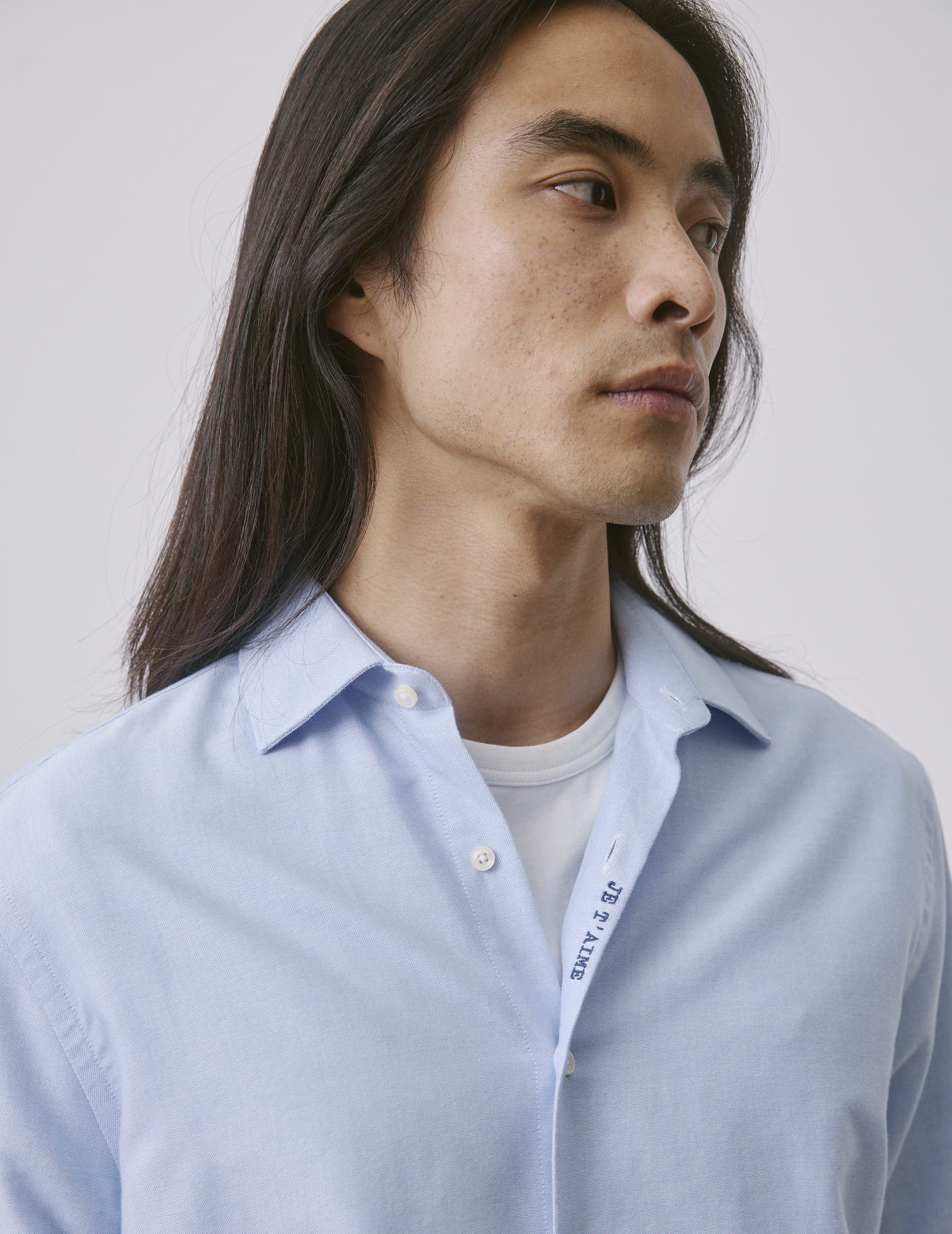 Chemise mixte "Je t'aime" bleue - Oxford - Col Figaret