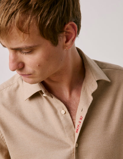 Chemise mixte "Je t'aime" en coton et cachemire beige