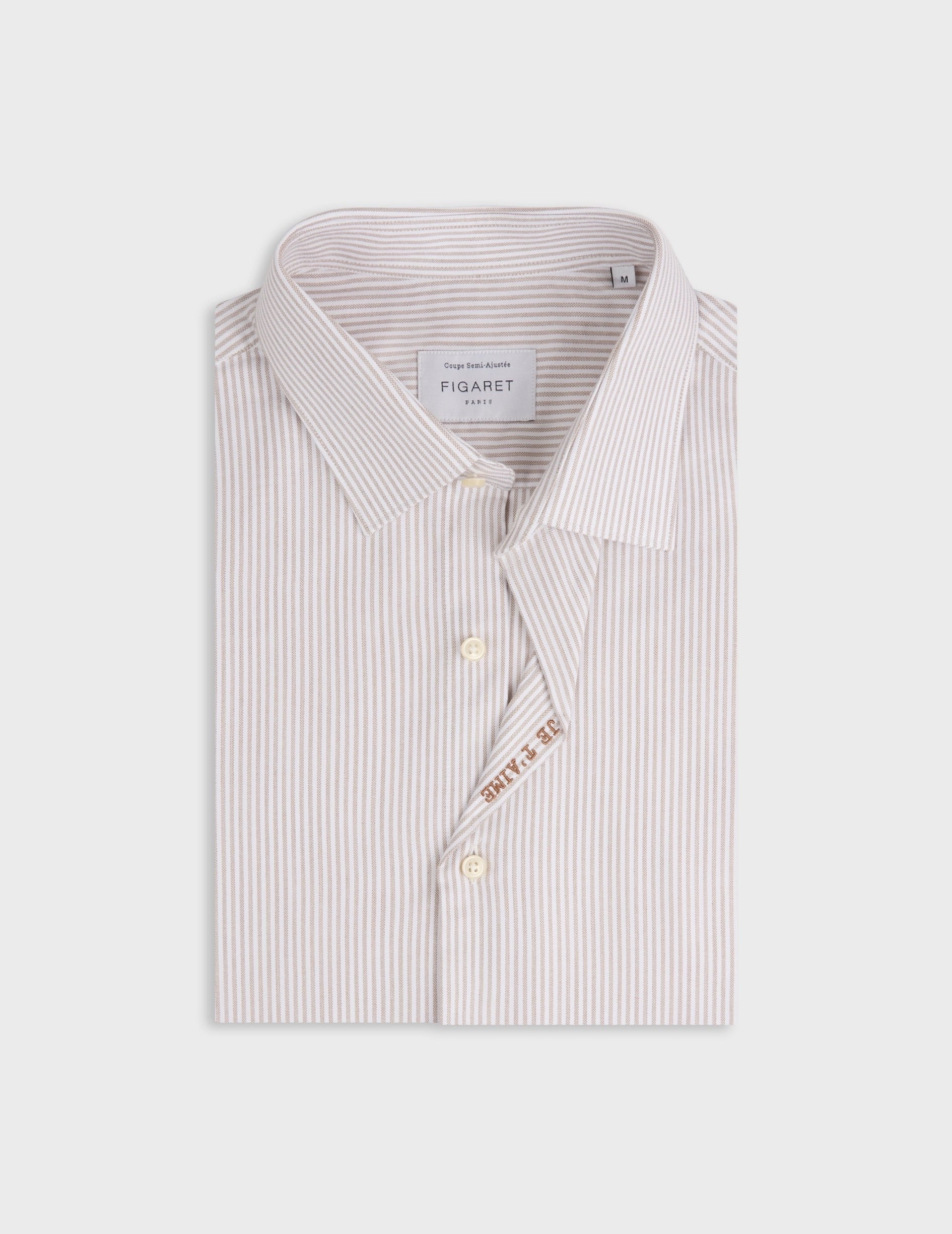 Chemise mixte "Je t'aime" rayée beige - Oxford - Col Figaret