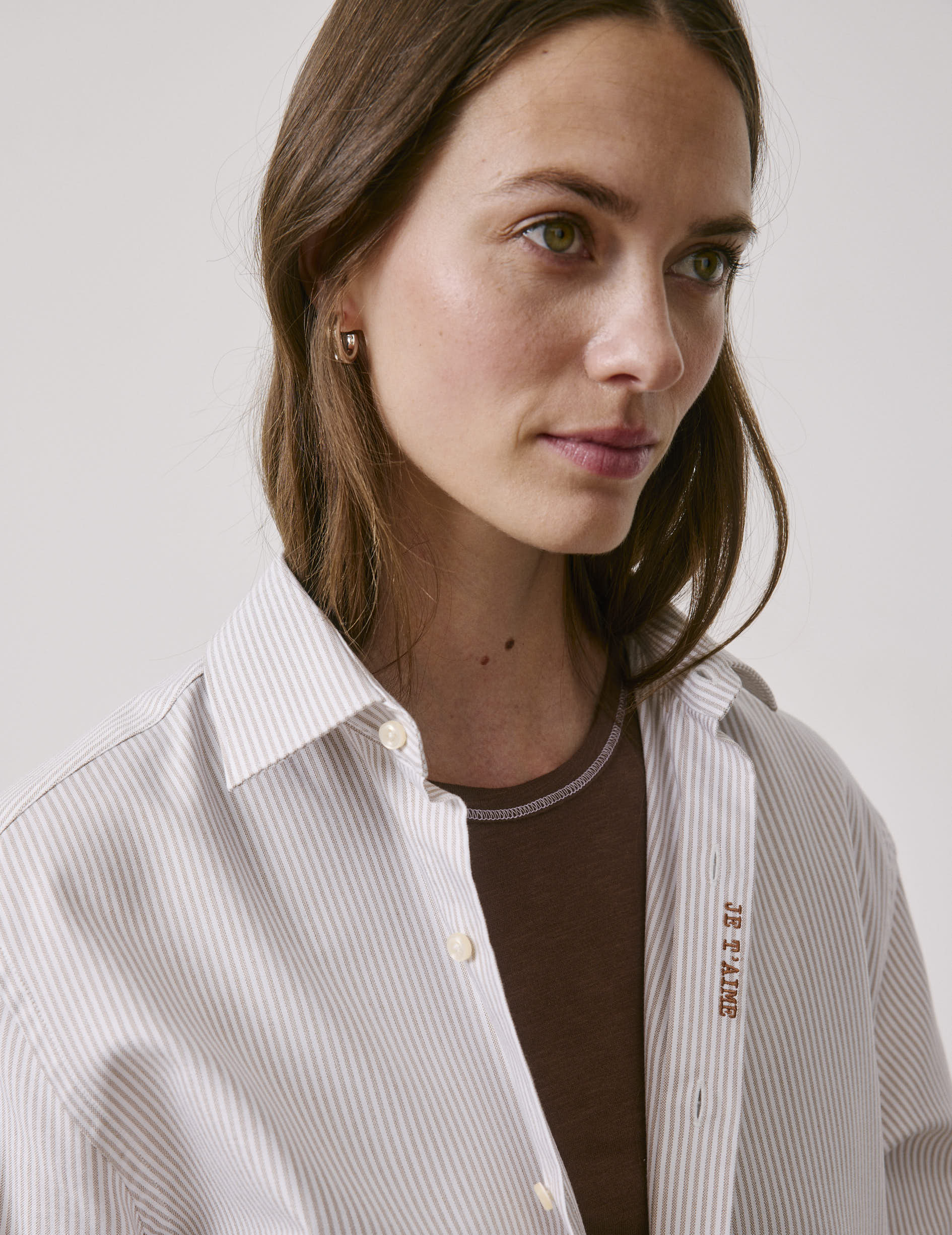 Chemise mixte "Je t'aime" rayée beige - Oxford - Col Figaret
