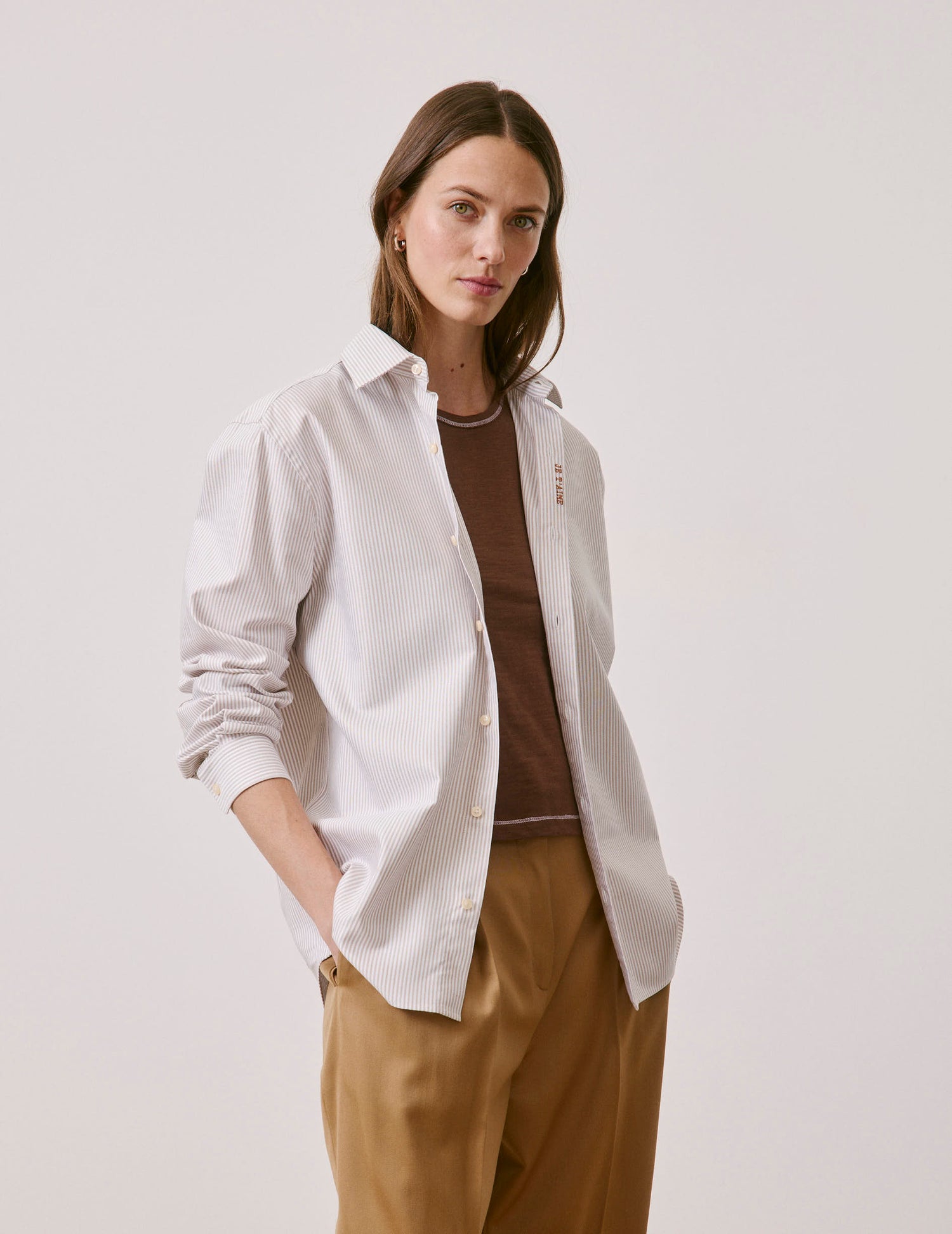 Chemise mixte "Je t'aime" rayée beige - Oxford - Col Figaret#6