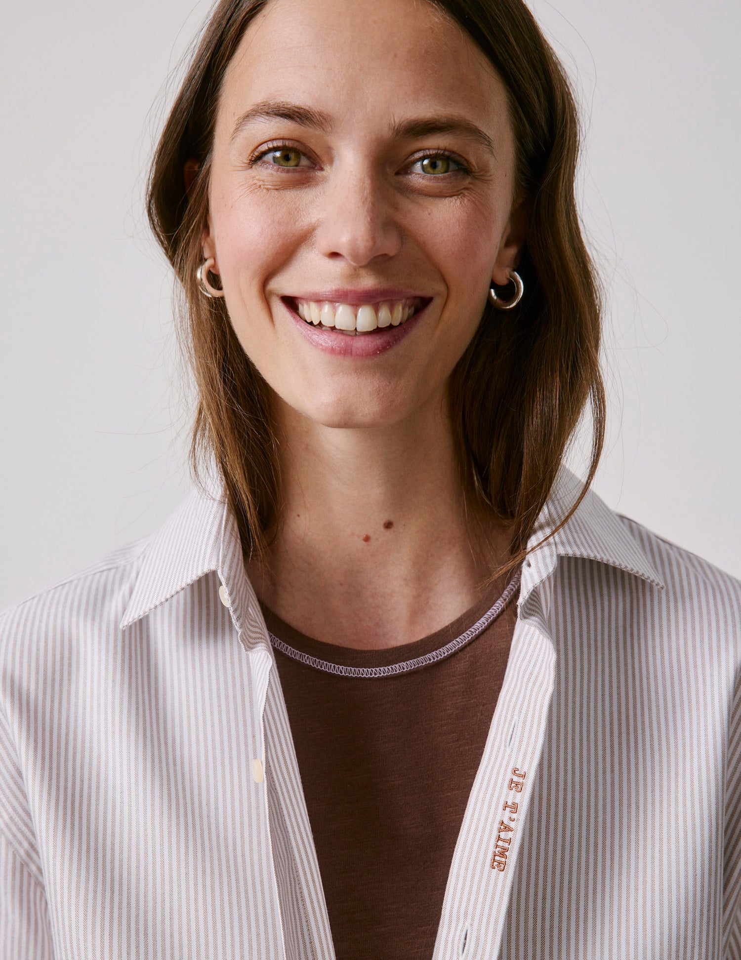 Chemise mixte "Je t'aime" rayée beige - Oxford - Col Figaret#2