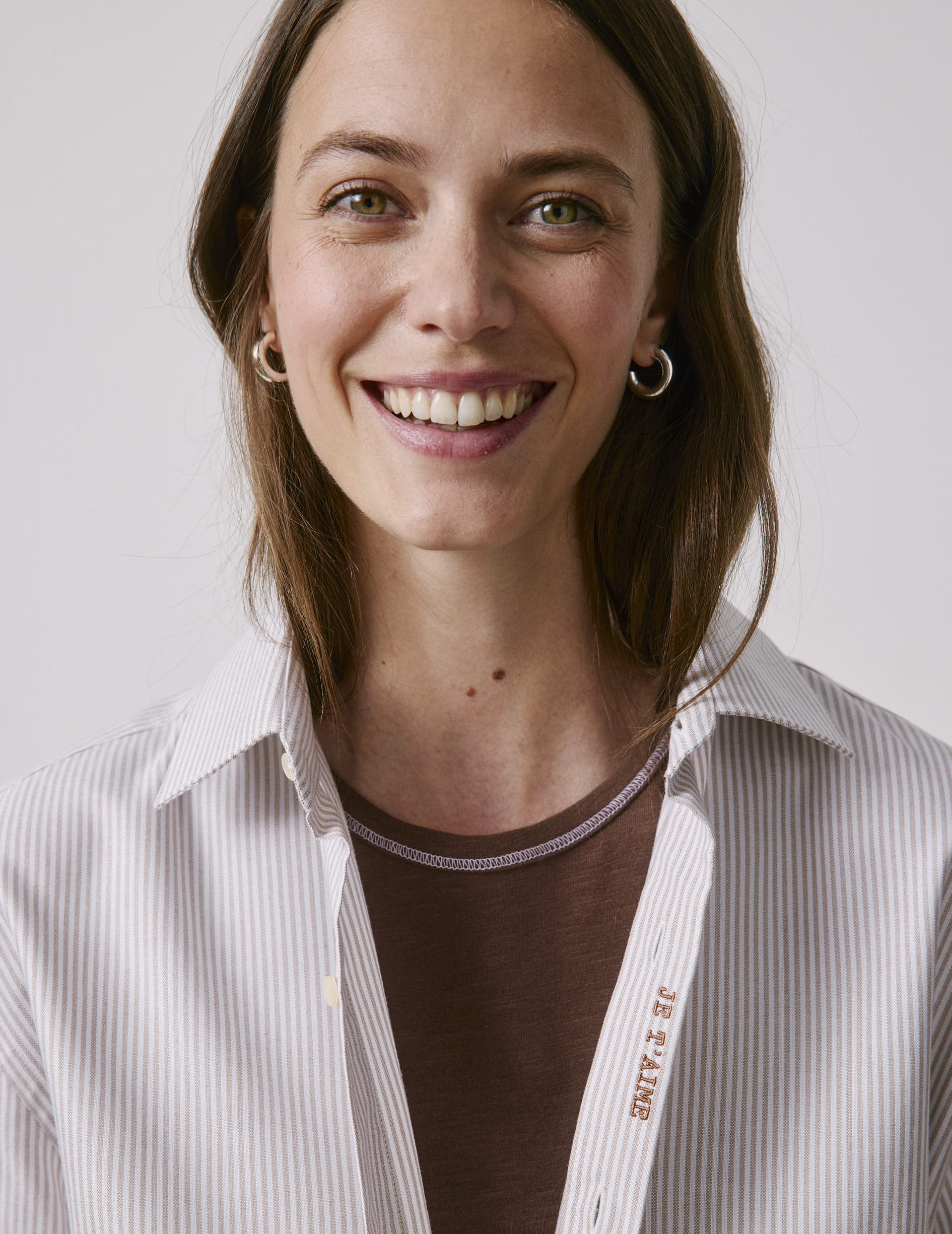 Chemise mixte "Je t'aime" rayée beige - Oxford - Col Figaret