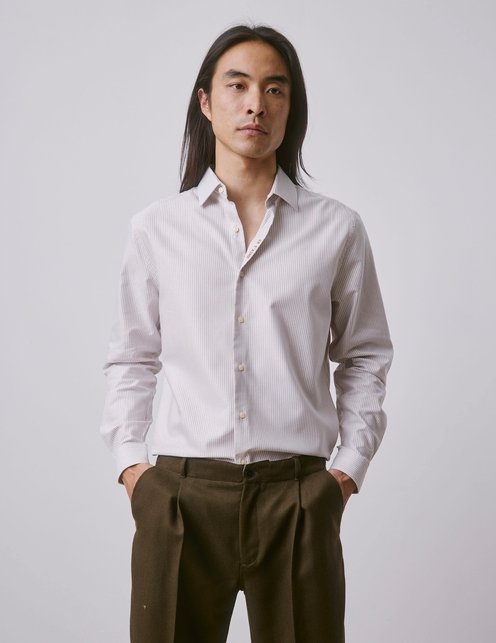Chemise mixte "Je t'aime" rayée beige - Oxford - Col Figaret