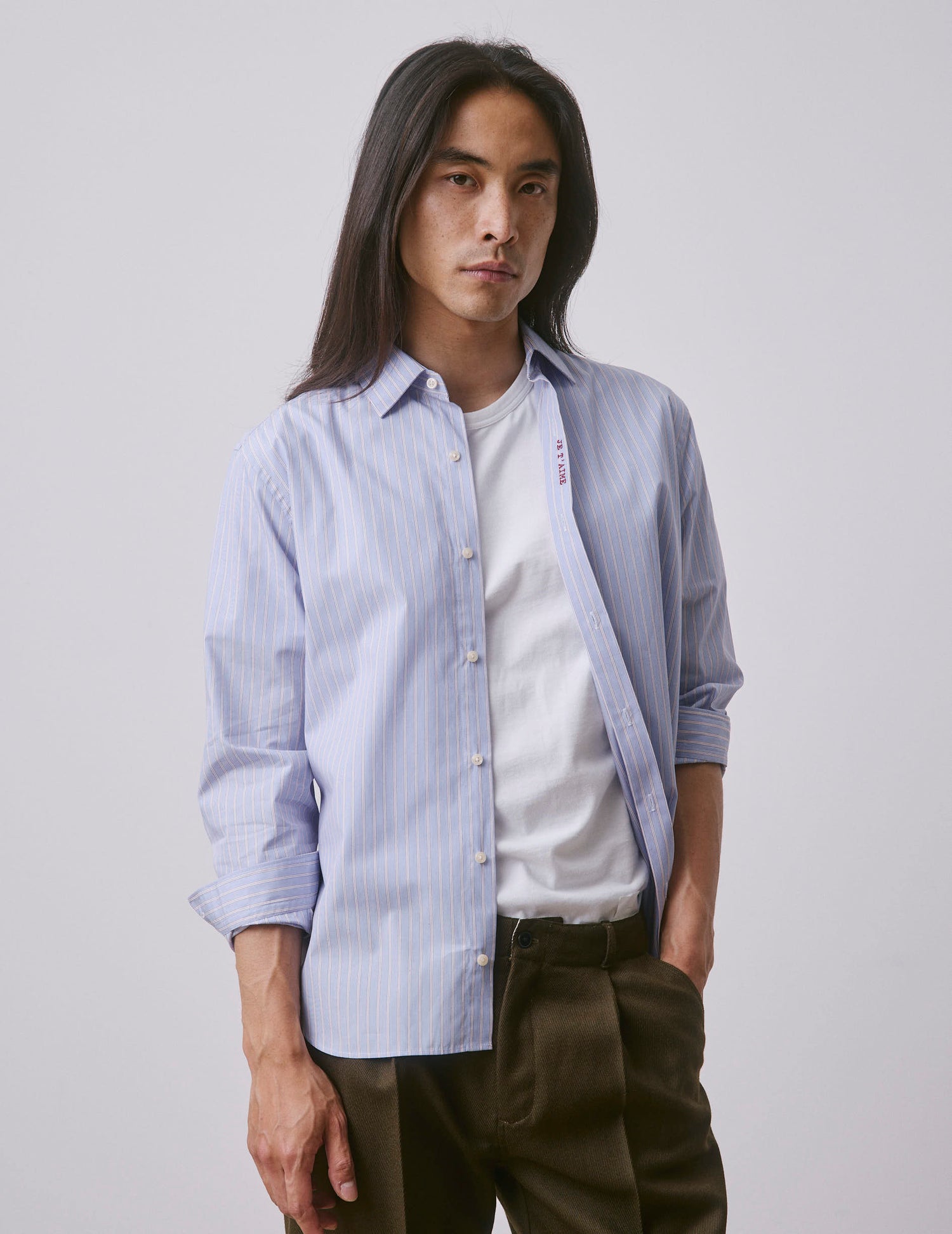 Chemise mixte "Je t'aime" bleue rayée - Popeline - Col Figaret#4