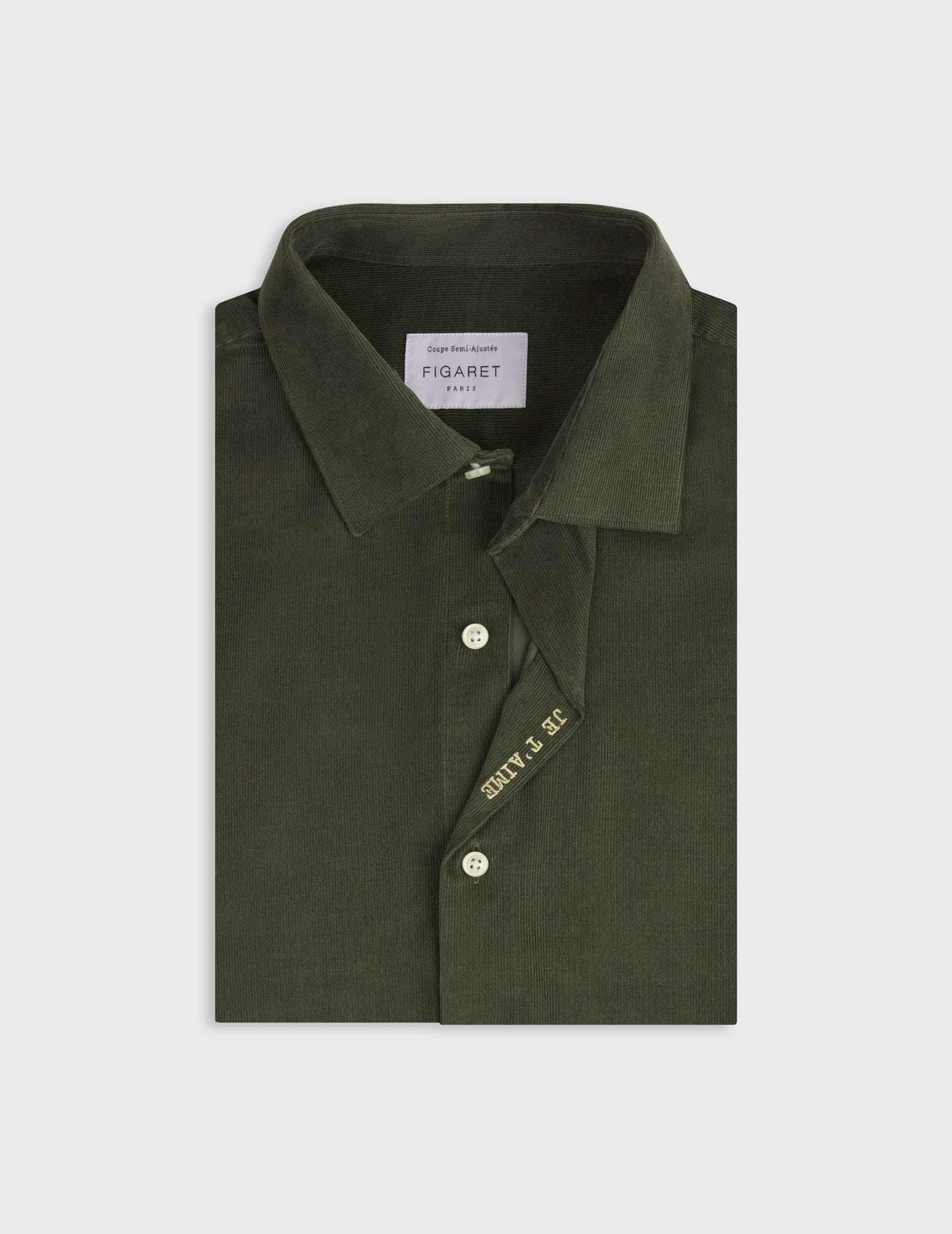 Chemise mixte "Je t'aime" en velours kaki - Velours - Col Figaret#7