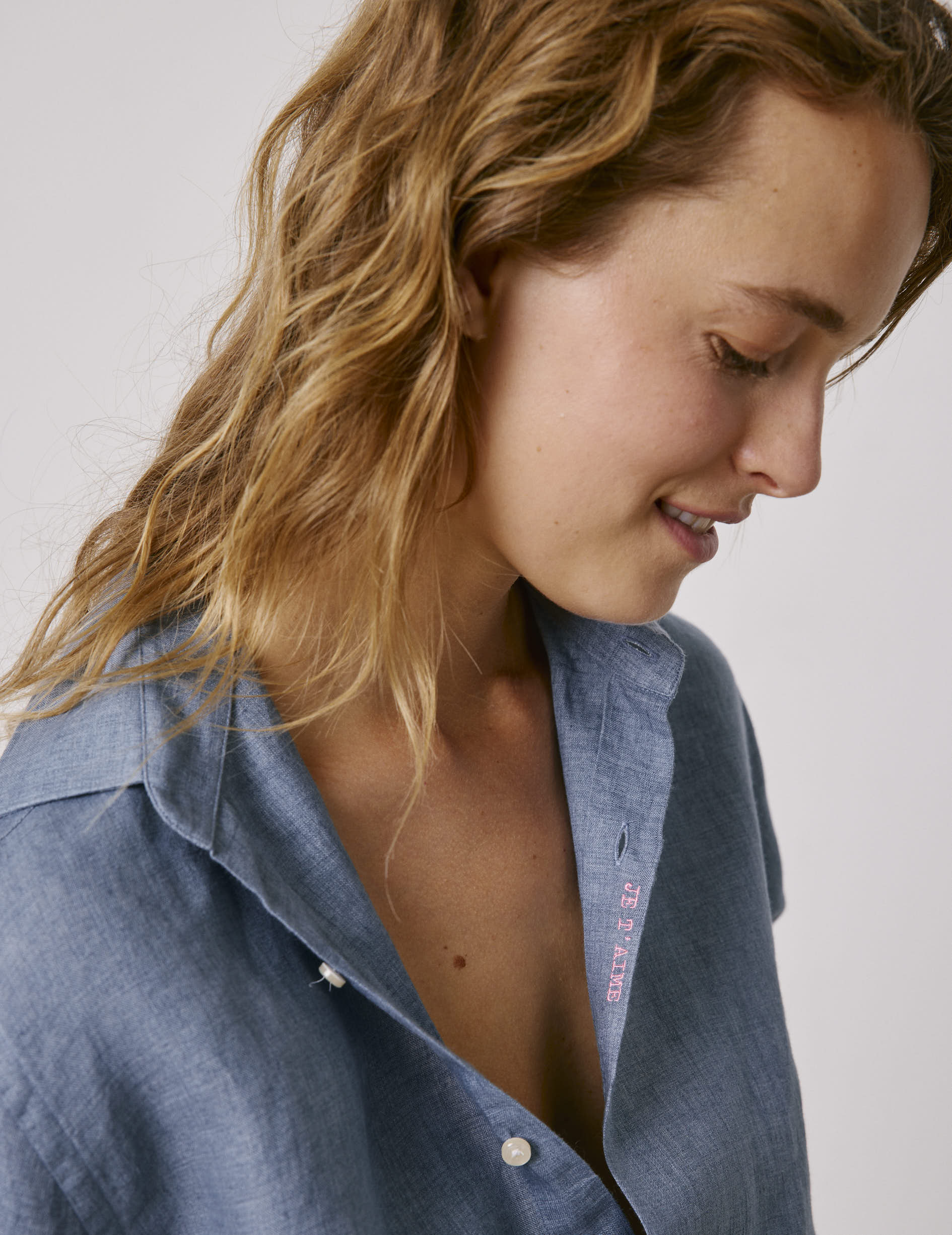 Chemise mixte "Je t'aime" en lin bleu - Lin - Col Figaret