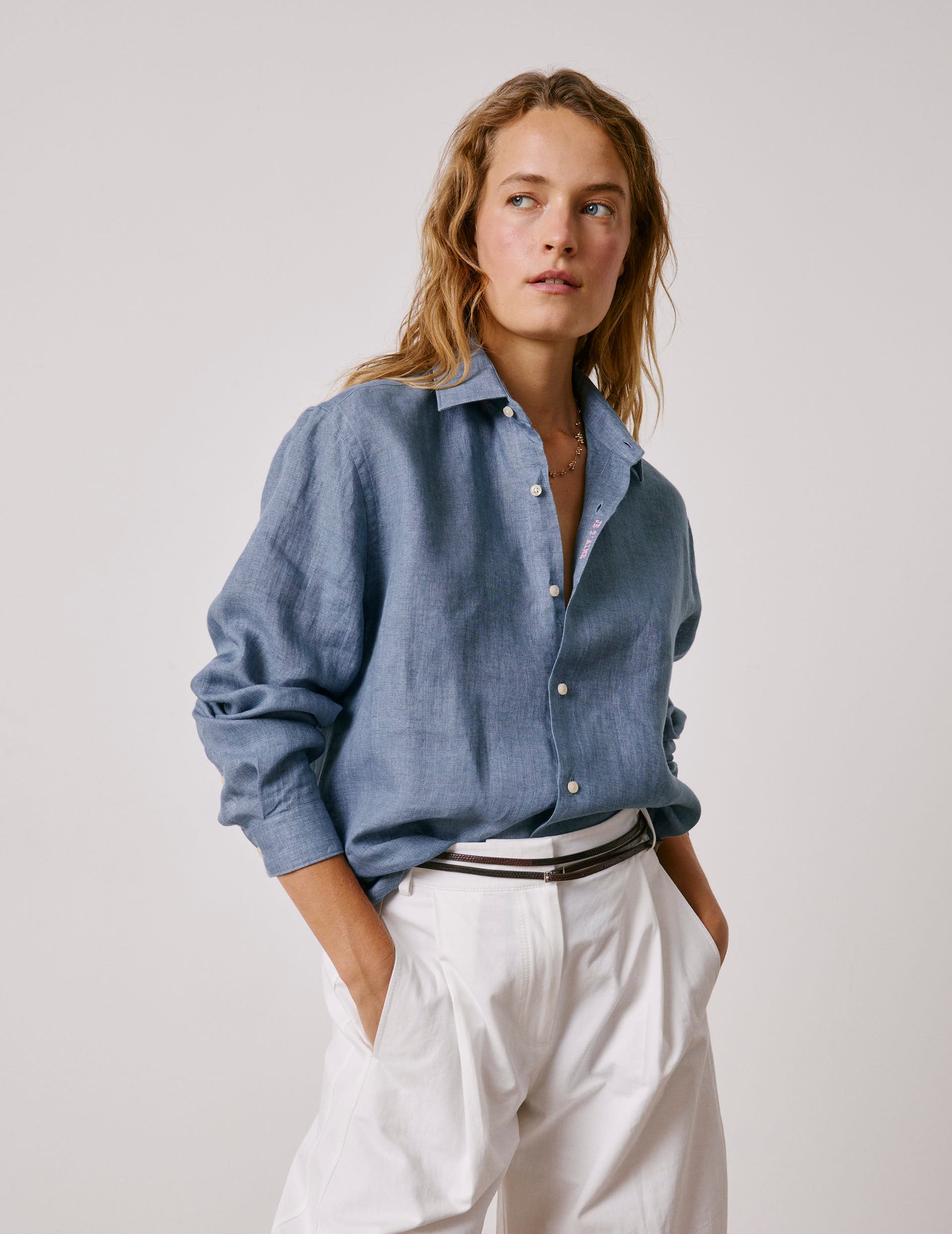 Chemise mixte "Je t'aime" en lin bleu - Lin - Col Figaret