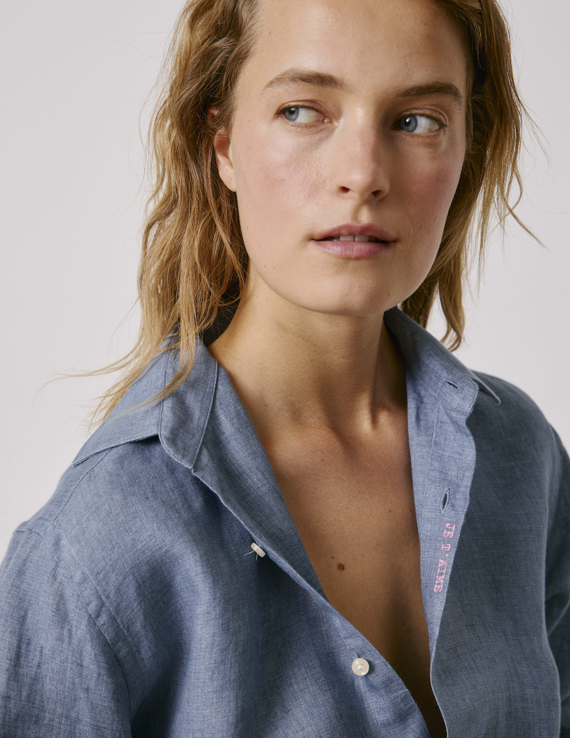 Chemise mixte "Je t'aime" en lin bleu - Lin - Col Figaret