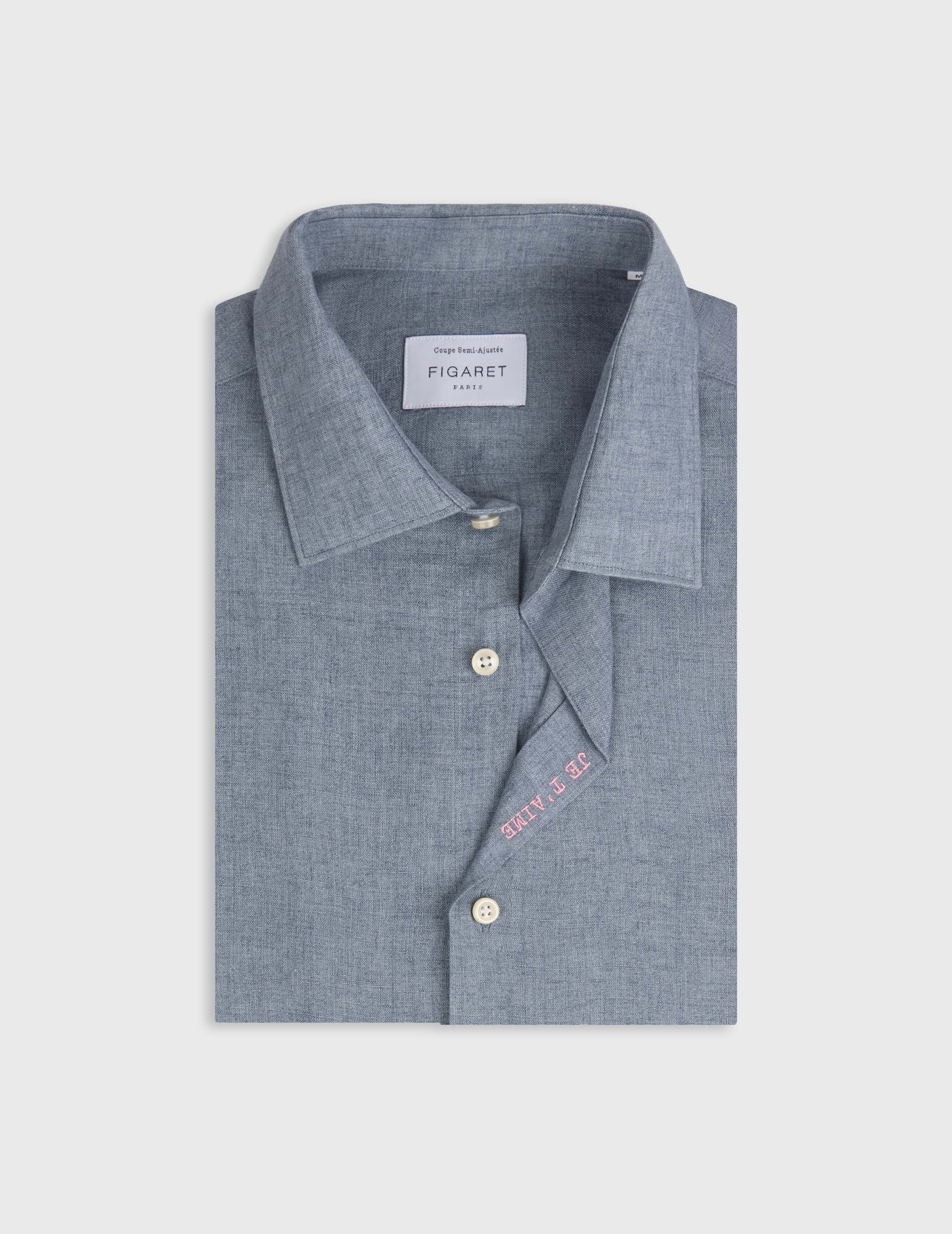 Chemise mixte "Je t'aime" en lin bleu - Lin - Col Figaret
