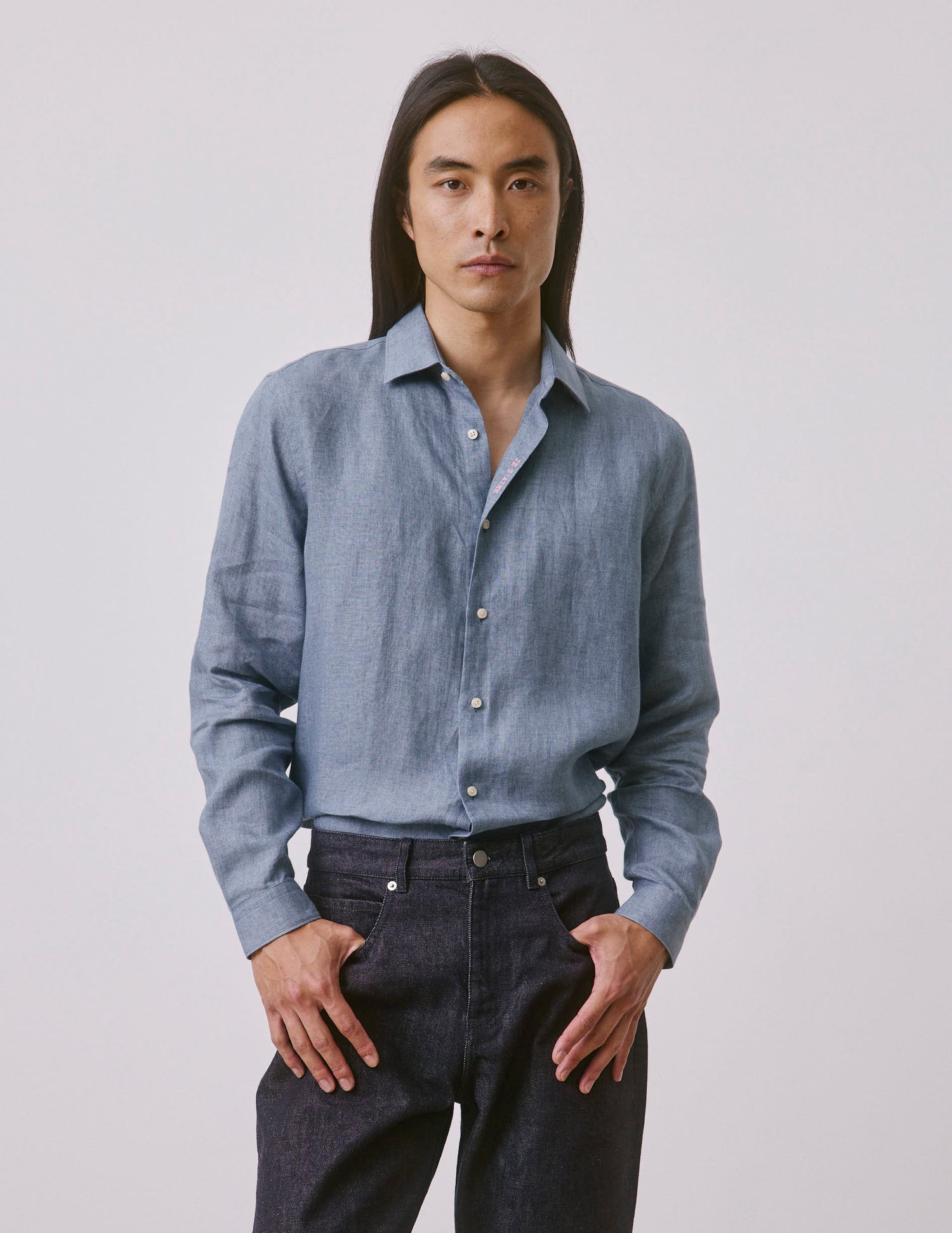 Chemise mixte "Je t'aime" en lin bleu - Lin - Col Figaret#3
