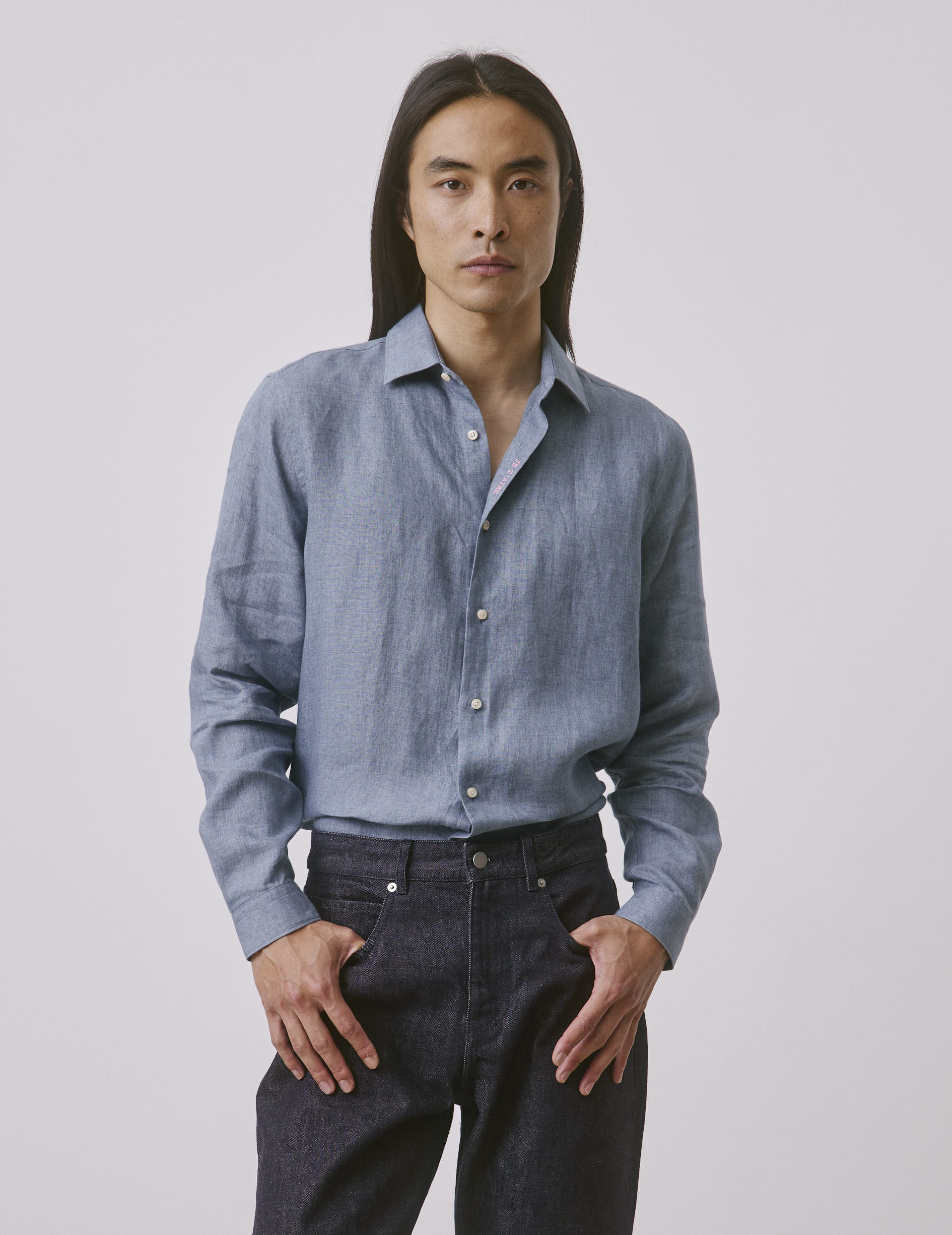 Chemise mixte "Je t'aime" en lin bleu - Lin - Col Figaret