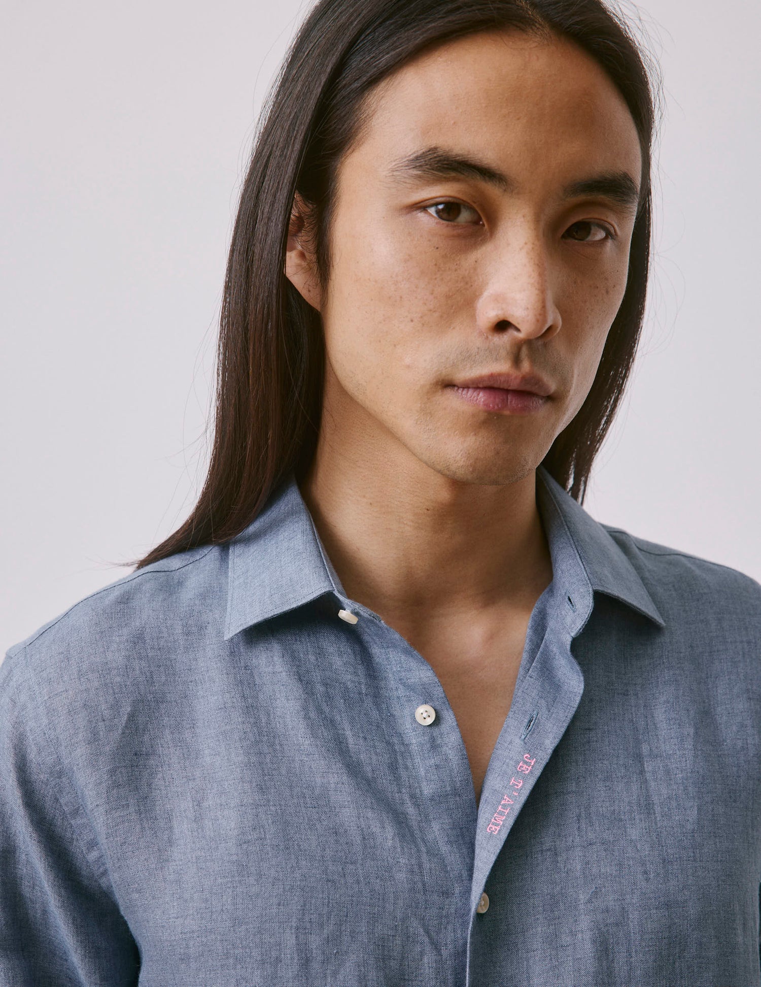 Chemise mixte "Je t'aime" en lin bleu - Lin - Col Figaret#5