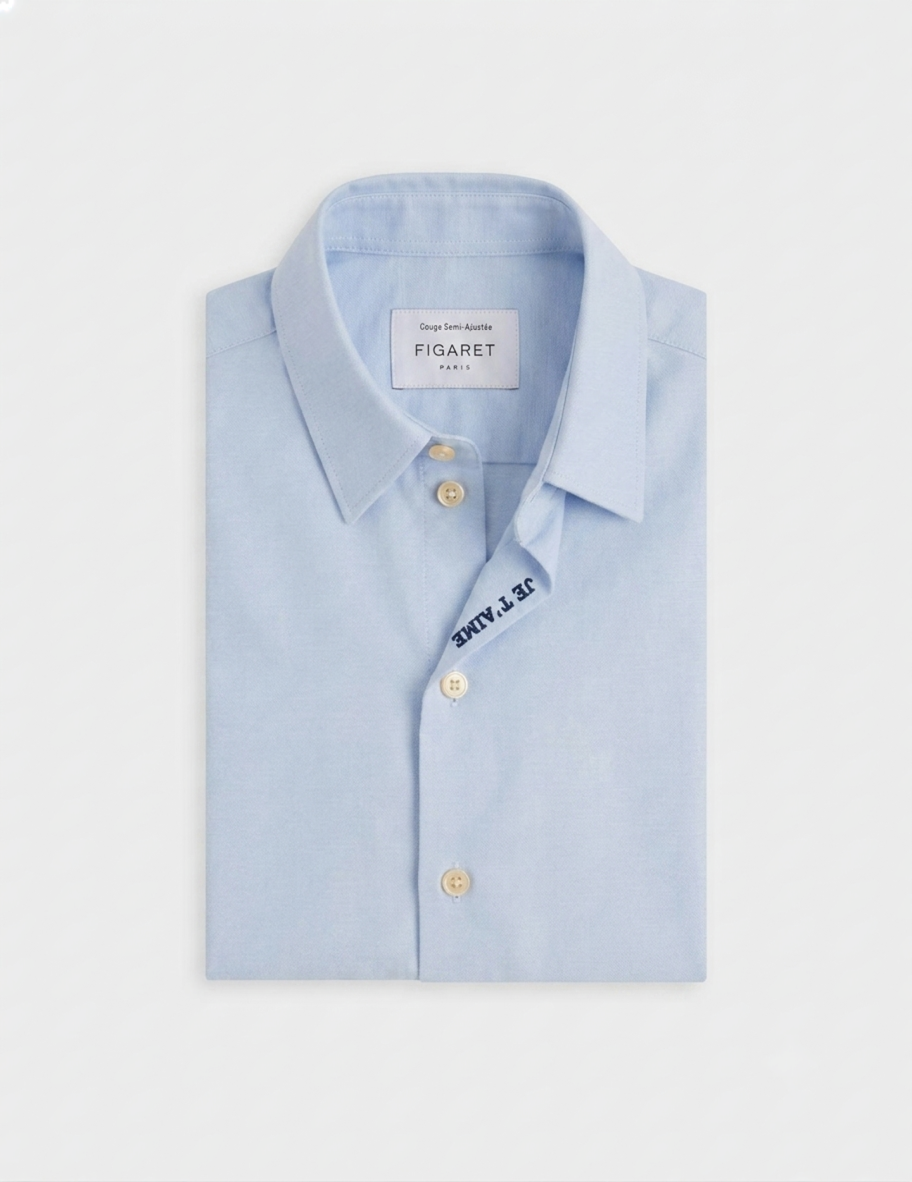 Chemise "Je t'aime" enfant bleue - Oxford - Col Figaret