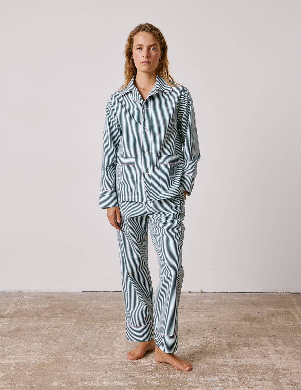 Pyjama Louise en popeline rayée verte