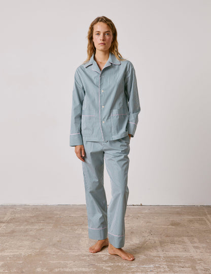 Pyjama Louise en popeline rayée verte