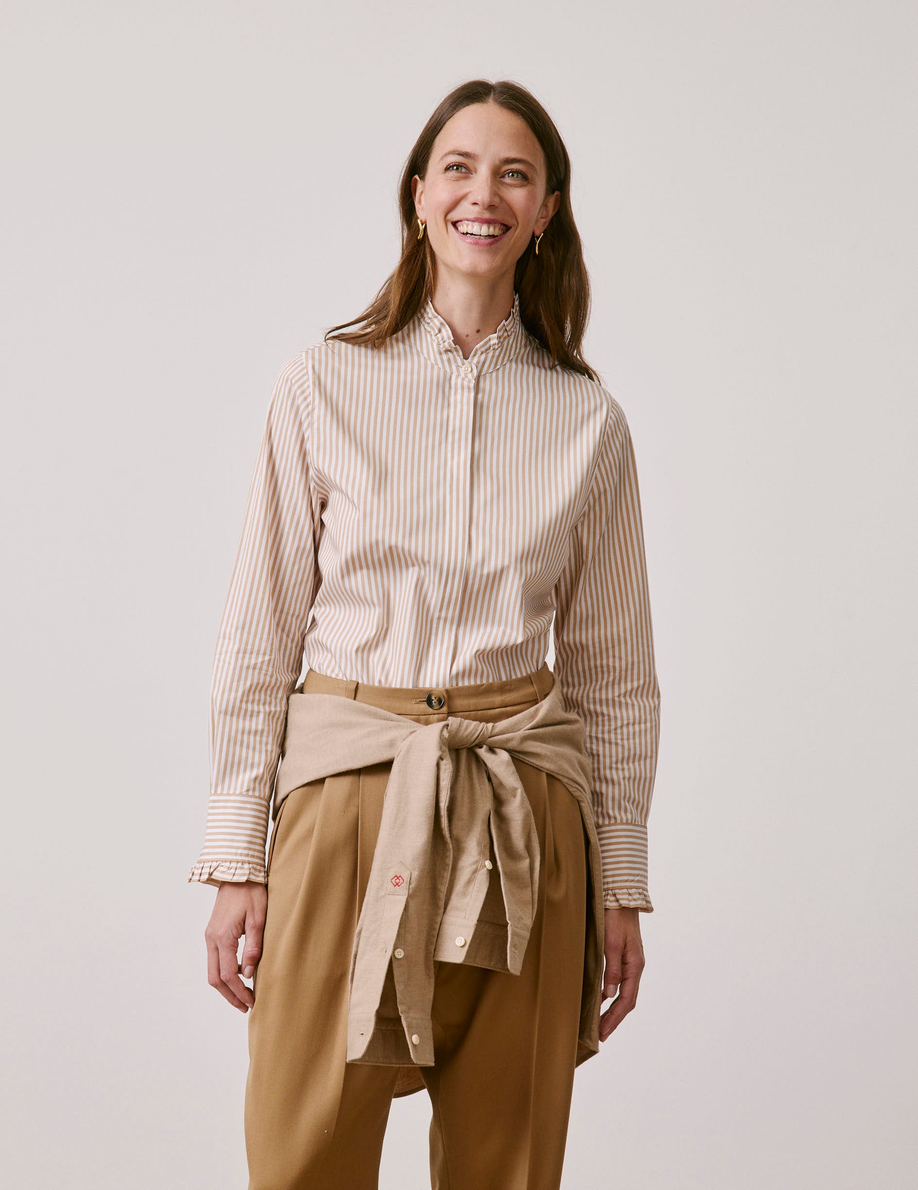 Chemise Louison rayée beige - Popeline - Col Victorien