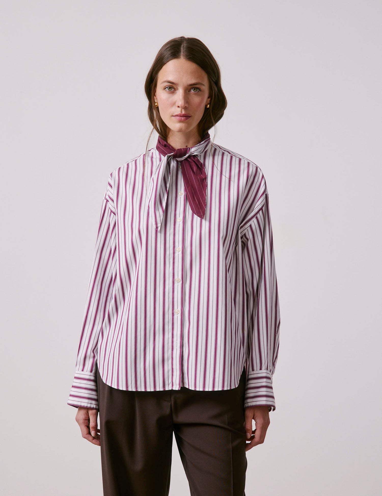 Chemise Margaux rayée bordeaux - Popeline - Col Lavallière#3