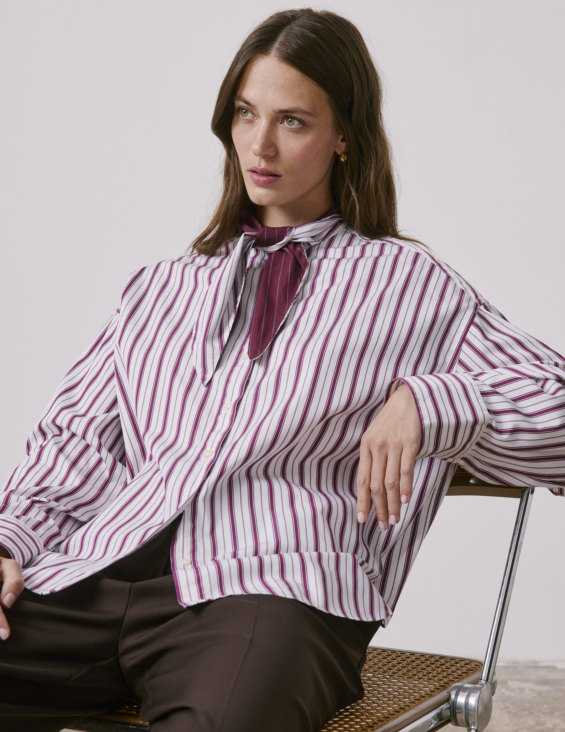 Chemise Margaux rayée bordeaux - Popeline - Col Lavallière