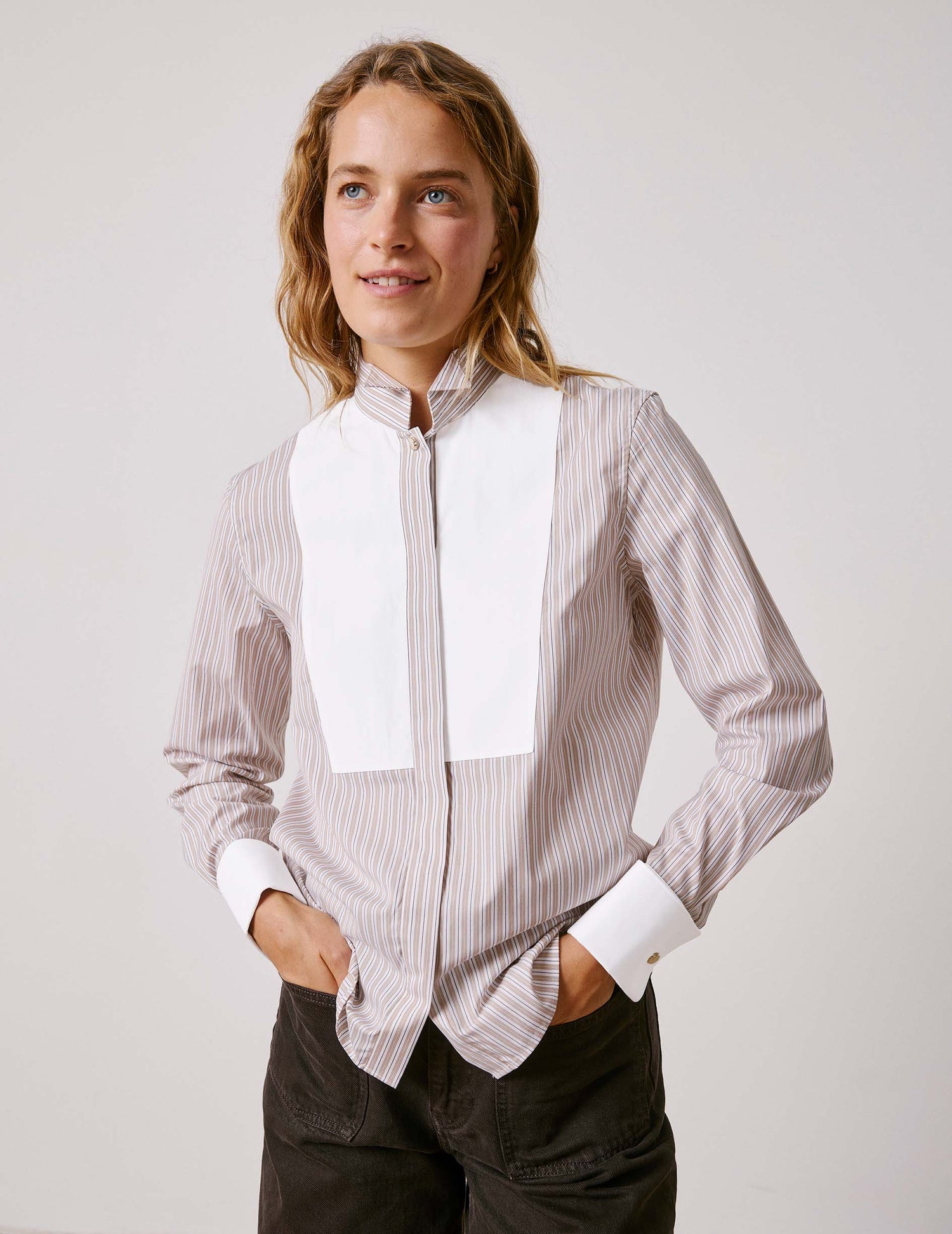 Chemise Nadine rayée beige - Popeline - Col Cassé - Poignets Mousquetaires