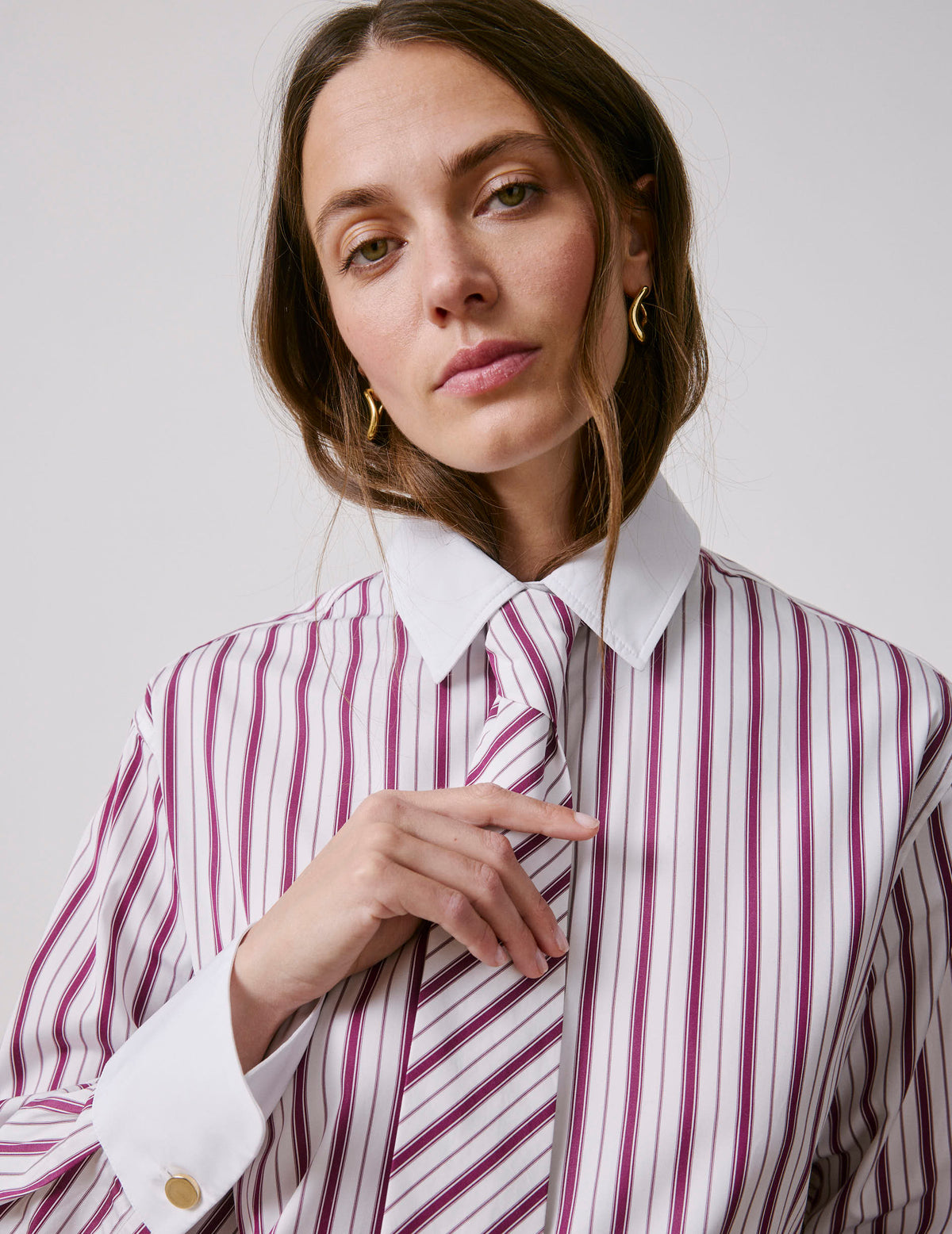 Chemise Naéline avec cravate amovible rayée bordeaux - Popeline - Col Chemise