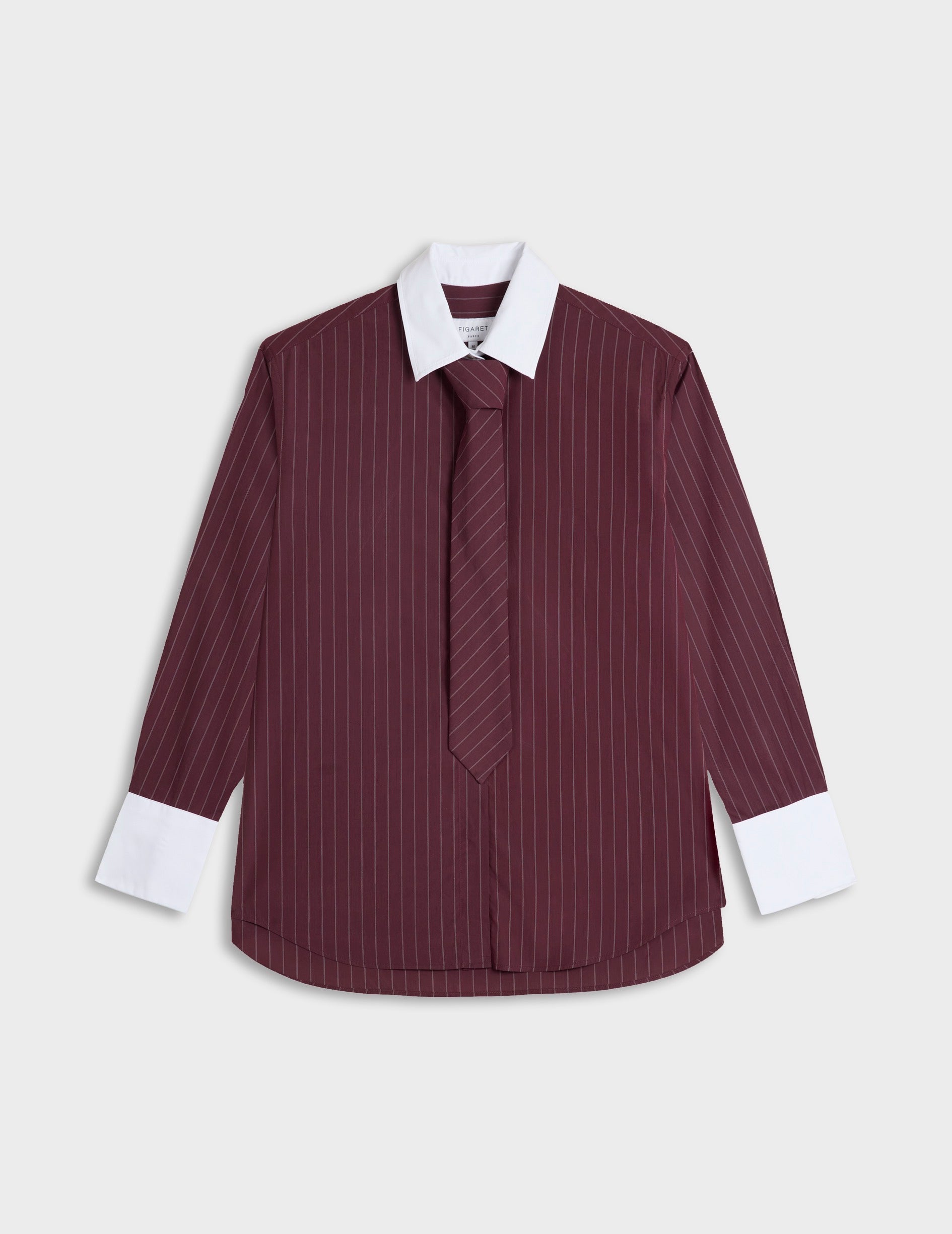 Chemise Naéline avec cravate amovible rayée bordeaux - Popeline - Col Chemise