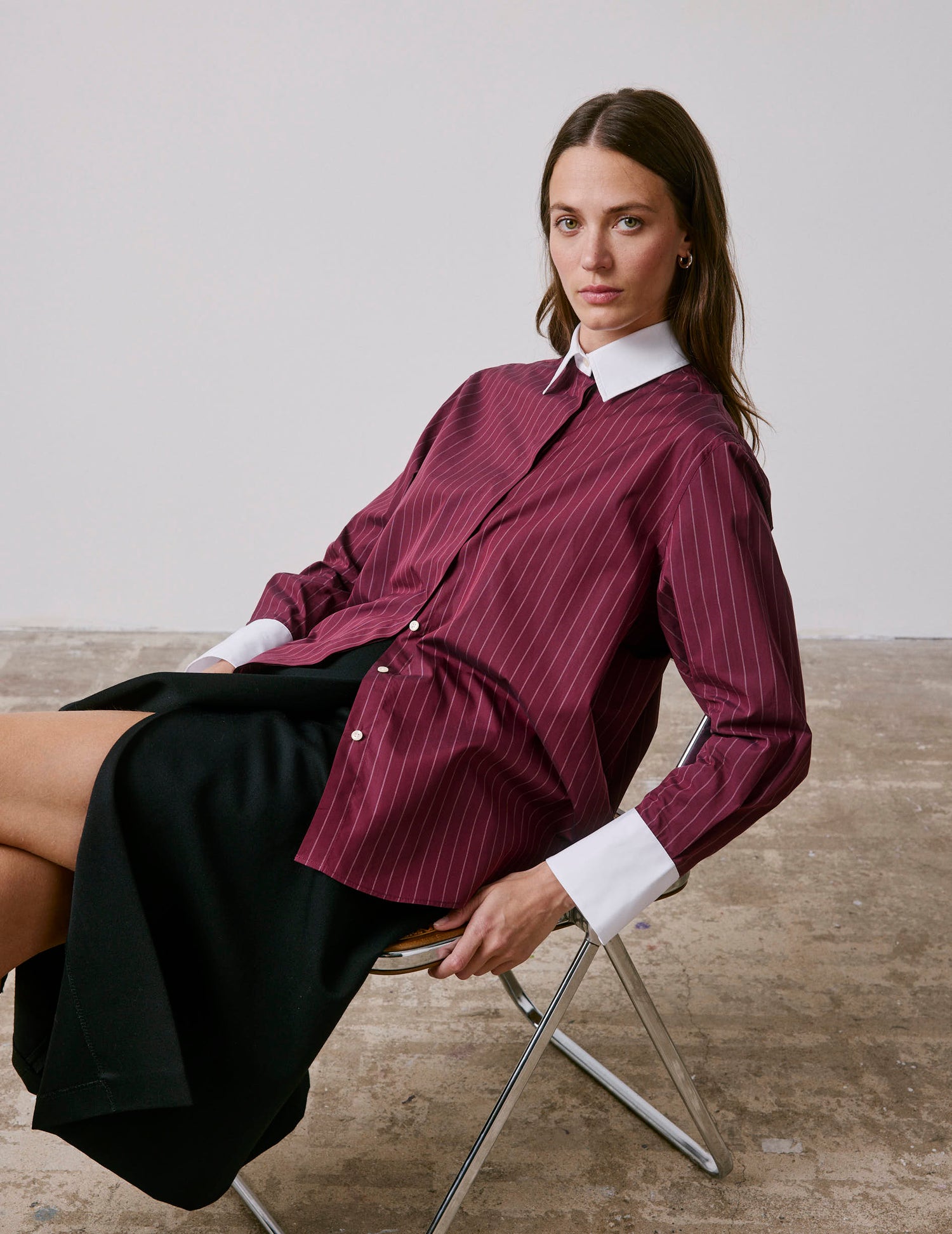 Chemise Naéline avec cravate amovible rayée bordeaux - Popeline - Col Chemise#3