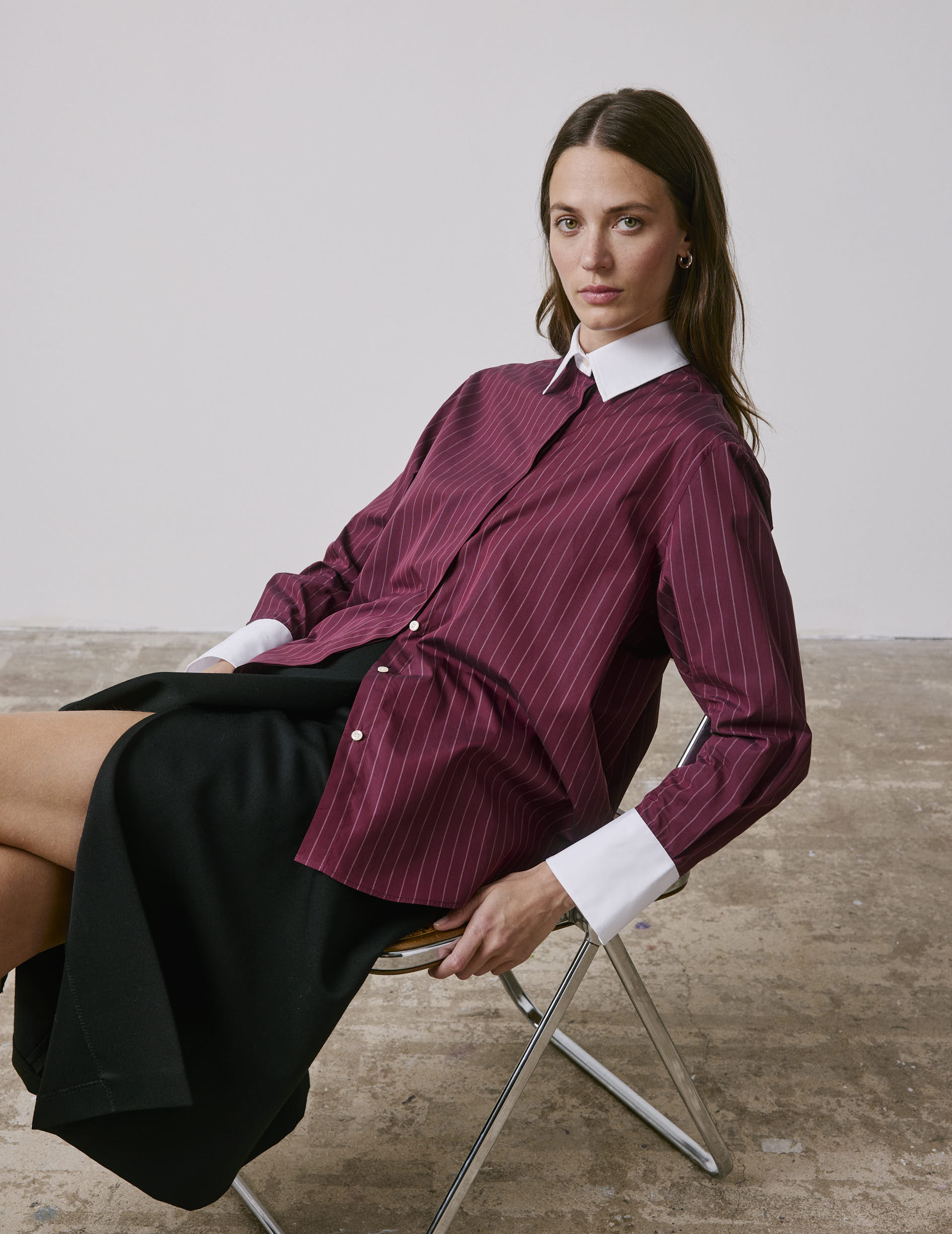 Chemise Naéline avec cravate amovible rayée bordeaux - Popeline - Col Chemise