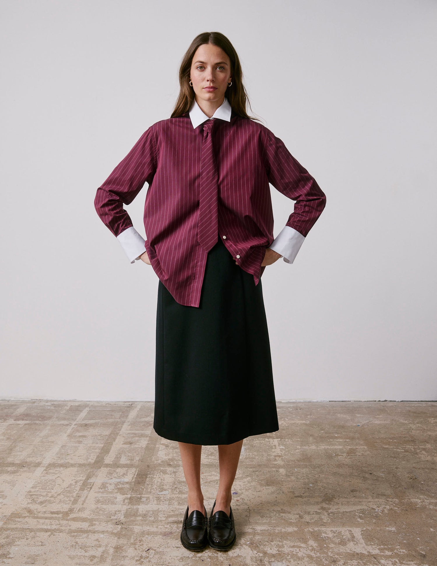 Chemise Naéline avec cravate amovible rayée bordeaux - Popeline - Col Chemise#4