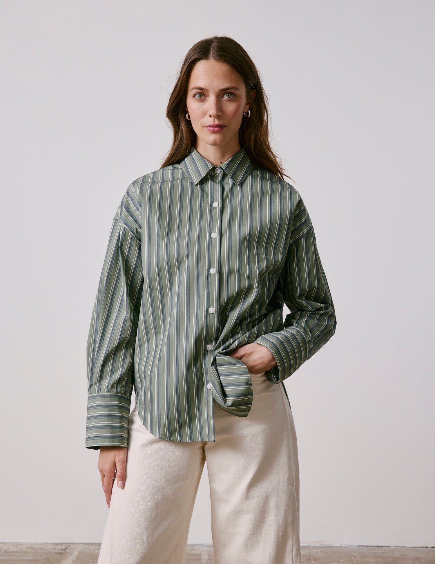 Chemise Noliana rayée kaki - Popeline - Col Chemise