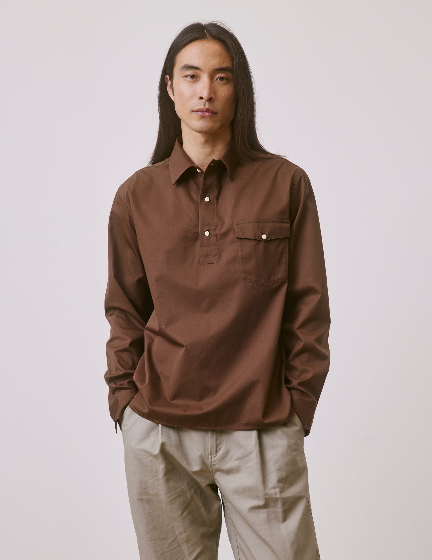 Brown Normann popover shirt - Twill - Shark Collar#3