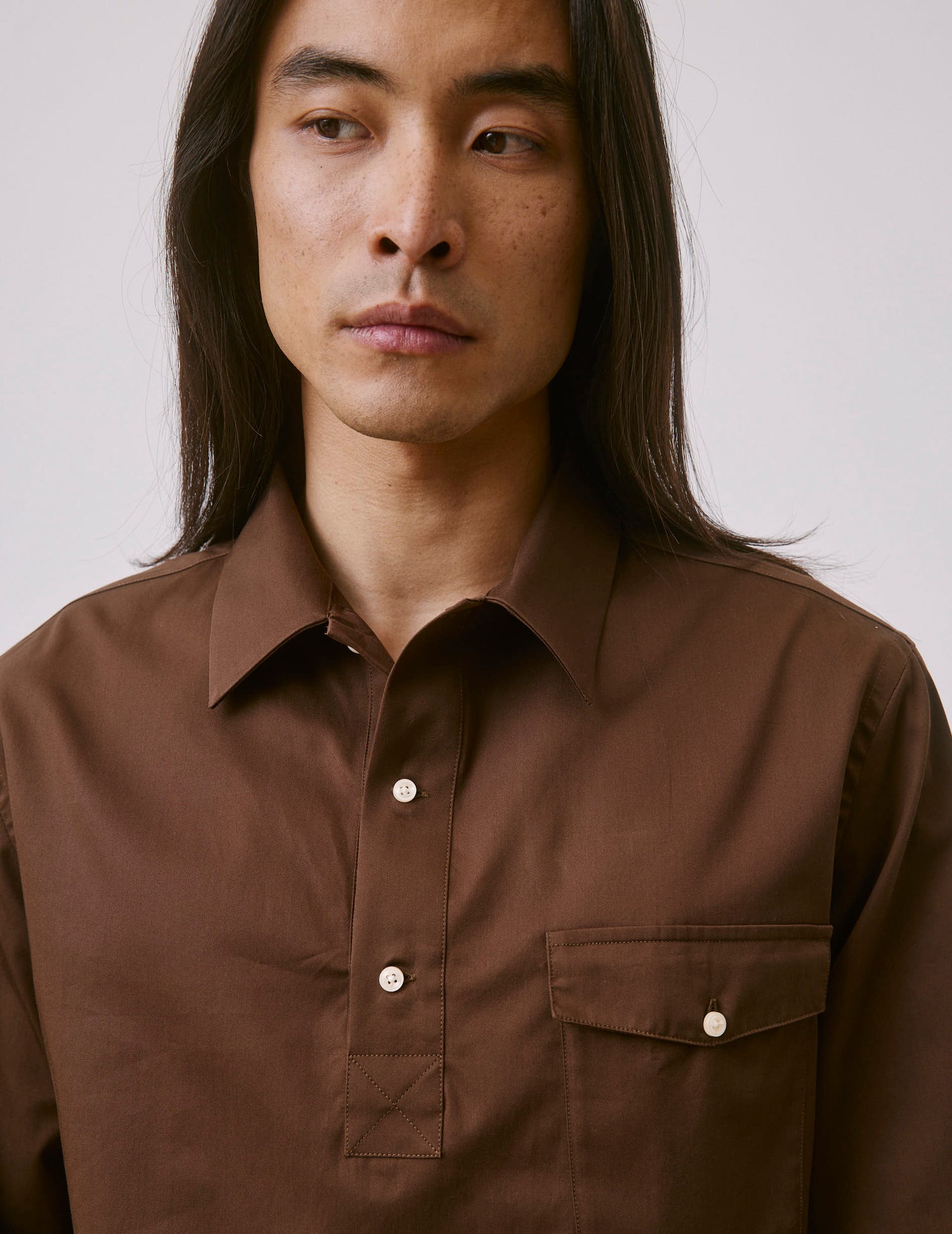 Brown Normann popover shirt - Twill - Shark Collar