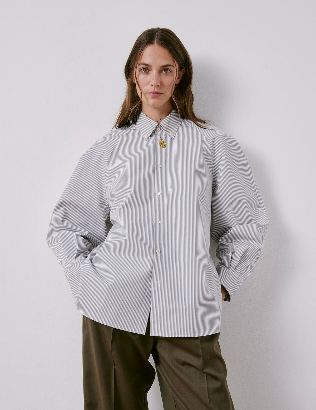 Chemise oversize Paloma rayée grise - Popeline - Col Américain#2