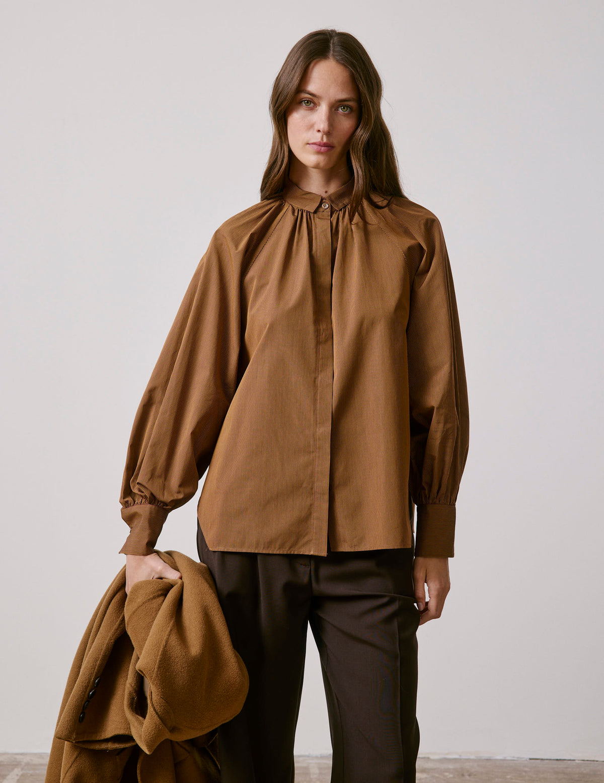 Chemise Pauline camel rayée - Popeline - Col Cousu
