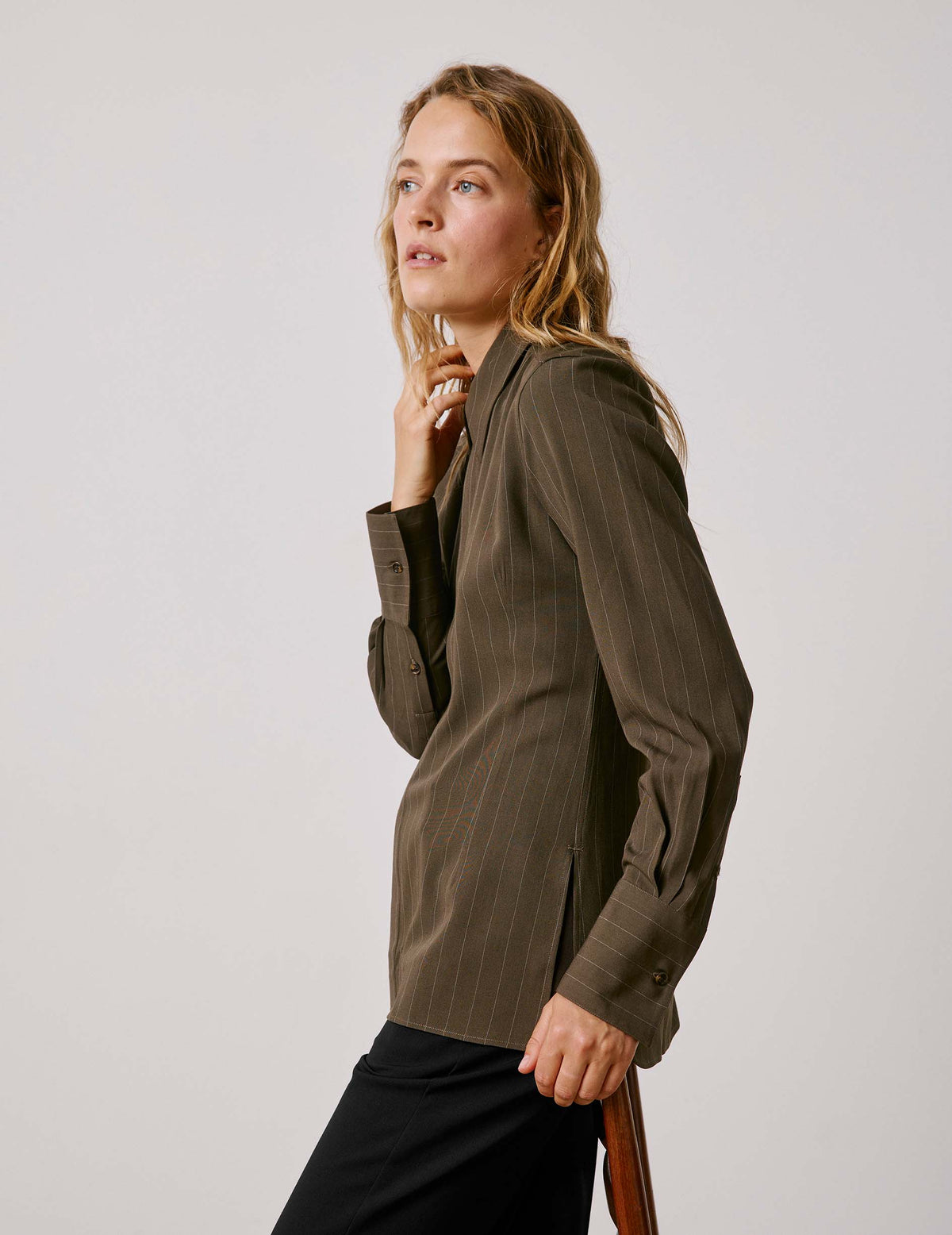 Chemise Pétale rayée kaki - Viscose - Col Long#6