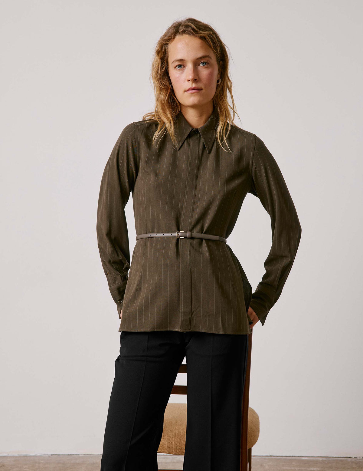 Chemise Pétale rayée kaki - Viscose - Col Long#3