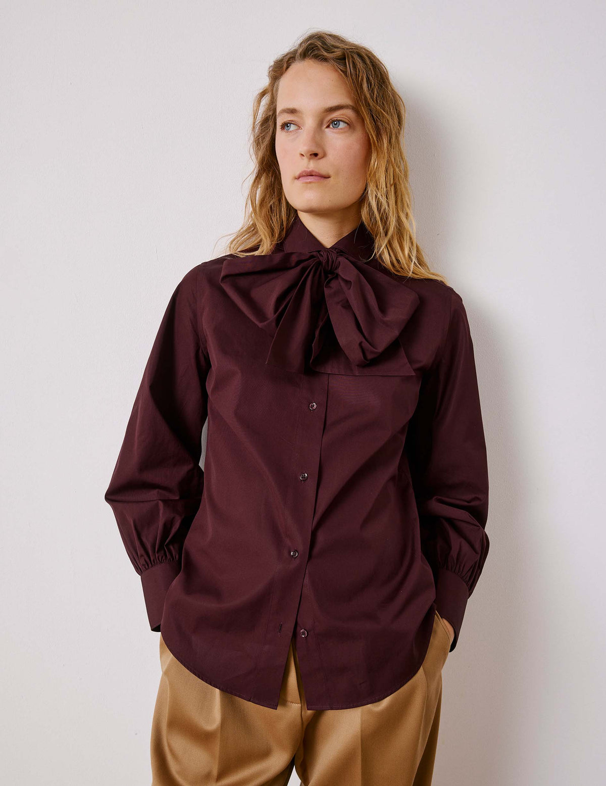 Chemise Pétula col lavalière amovible bordeaux - Popeline - Col Lavallière